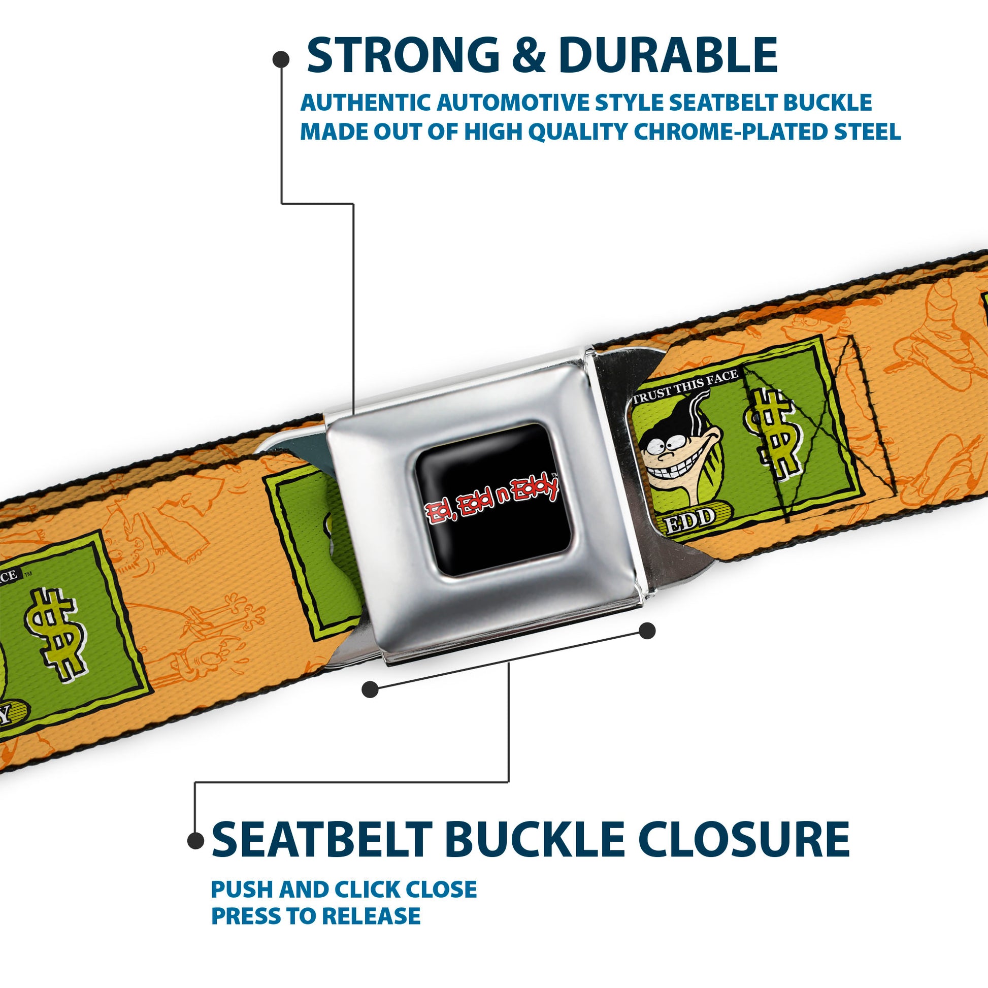 ED EDD N EDDY Title Logo Full Color Black/White/Red Seatbelt Belt - Ed Edd n Eddy Money Notes and Icons Orange/Greens Webbing Seatbelt Belts Ed, Edd n Eddy