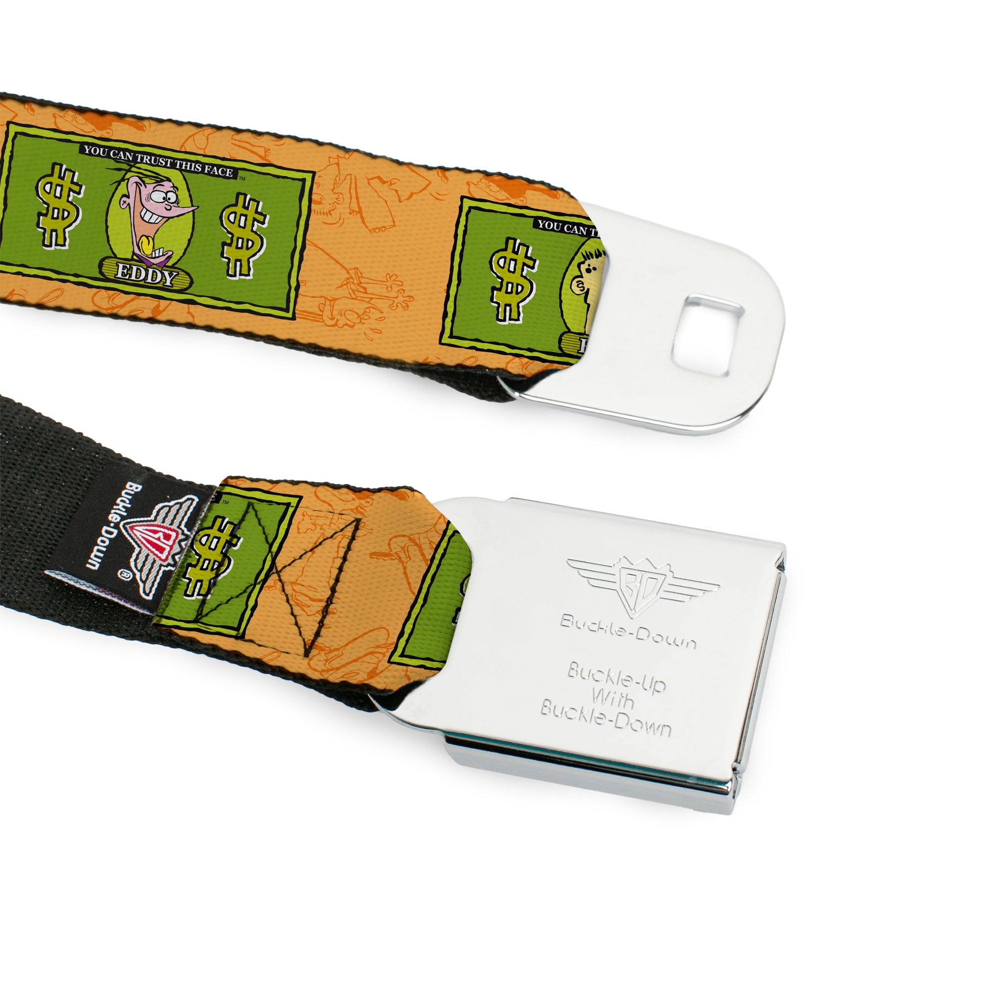 ED EDD N EDDY Title Logo Full Color Black/White/Red Seatbelt Belt - Ed Edd n Eddy Money Notes and Icons Orange/Greens Webbing Seatbelt Belts Ed, Edd n Eddy