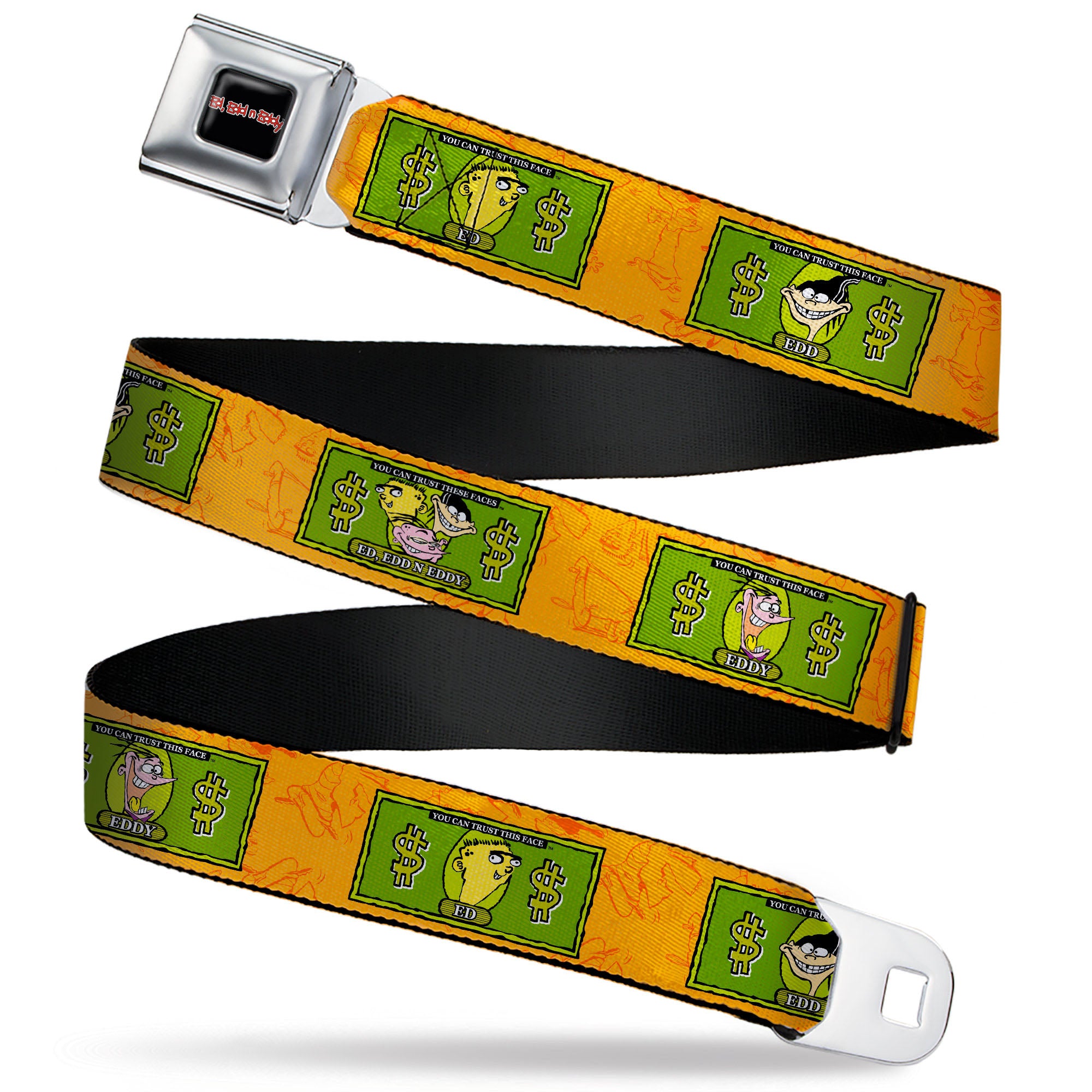 ED EDD N EDDY Title Logo Full Color Black/White/Red Seatbelt Belt - Ed Edd n Eddy Money Notes and Icons Orange/Greens Webbing Seatbelt Belts Ed, Edd n Eddy