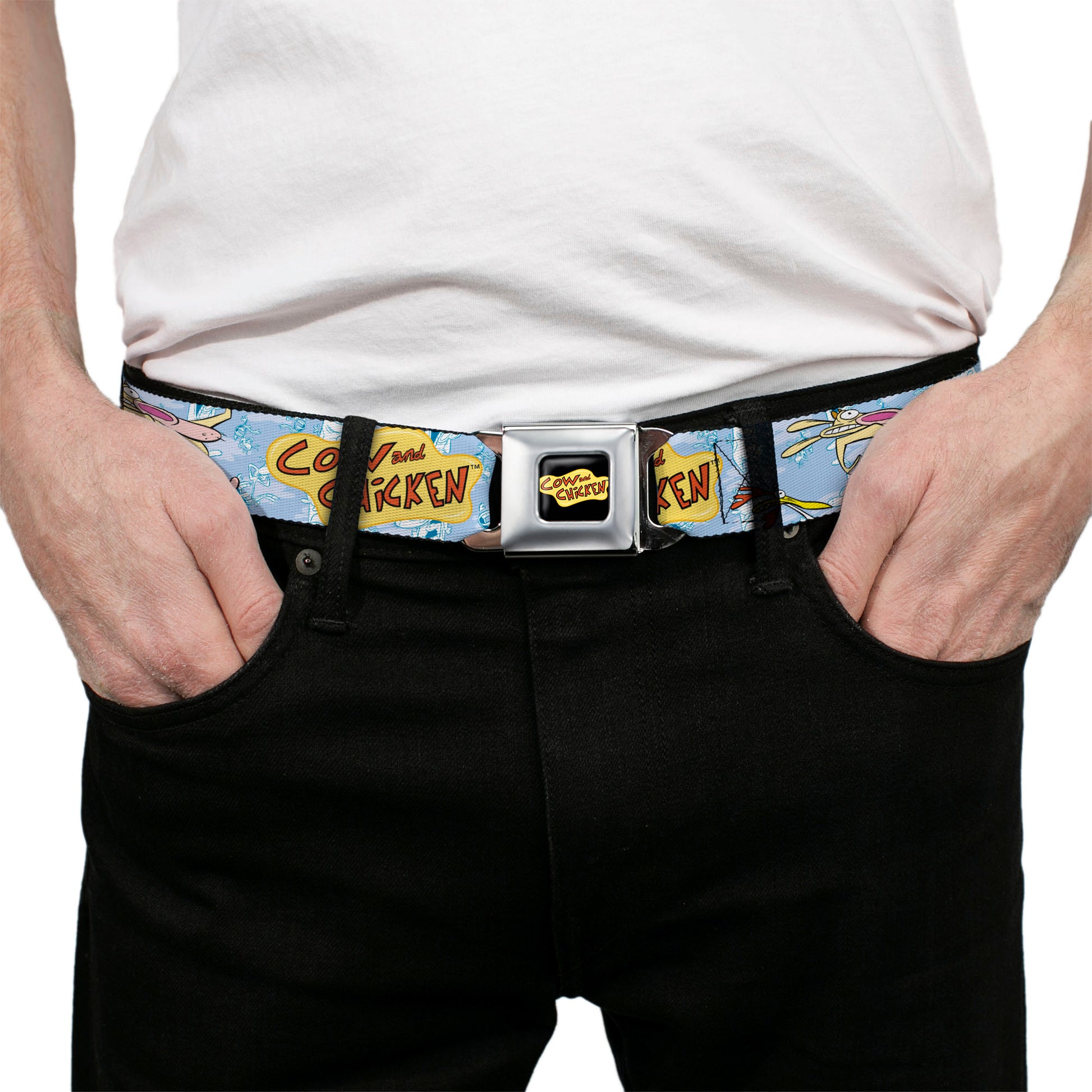 COW AND CHICKEN Title Logo Full Color Black Seatbelt Belt - COW AND CHICKEN Title Logo and Character Poses Blues Webbing Seatbelt Belts Cow and Chicken