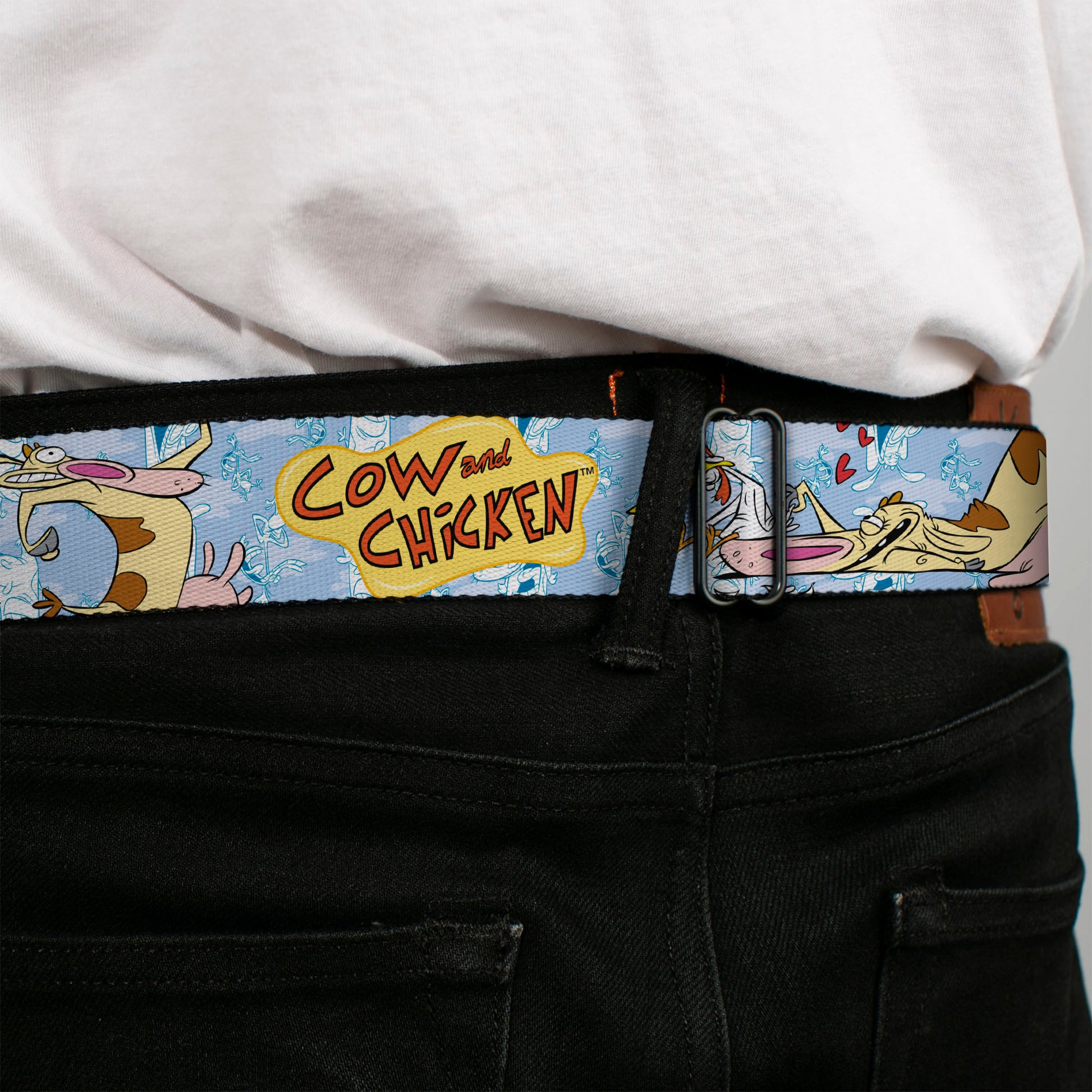 COW AND CHICKEN Title Logo Full Color Black Seatbelt Belt - COW AND CHICKEN Title Logo and Character Poses Blues Webbing Seatbelt Belts Cow and Chicken