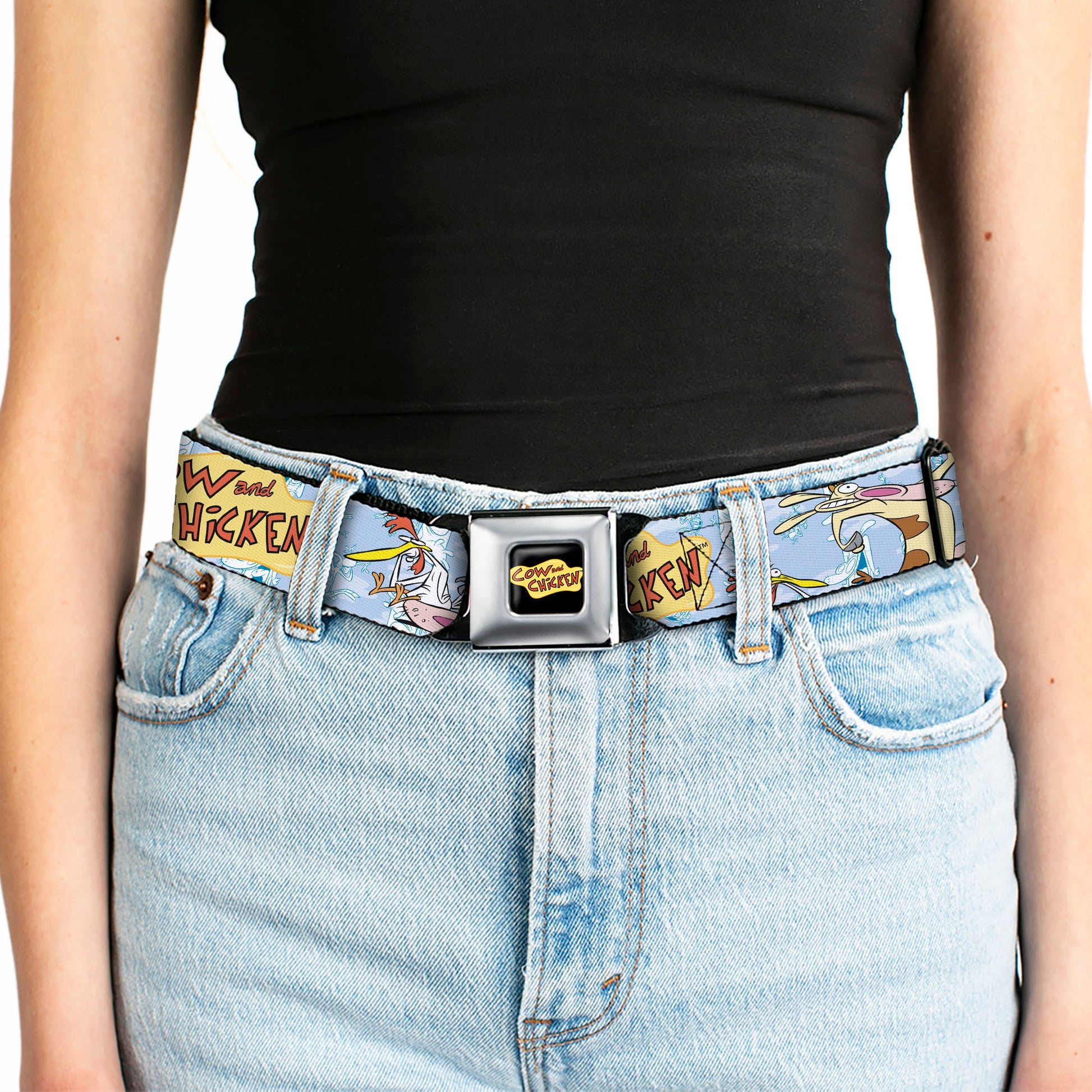 COW AND CHICKEN Title Logo Full Color Black Seatbelt Belt - COW AND CHICKEN Title Logo and Character Poses Blues Webbing Seatbelt Belts Cow and Chicken