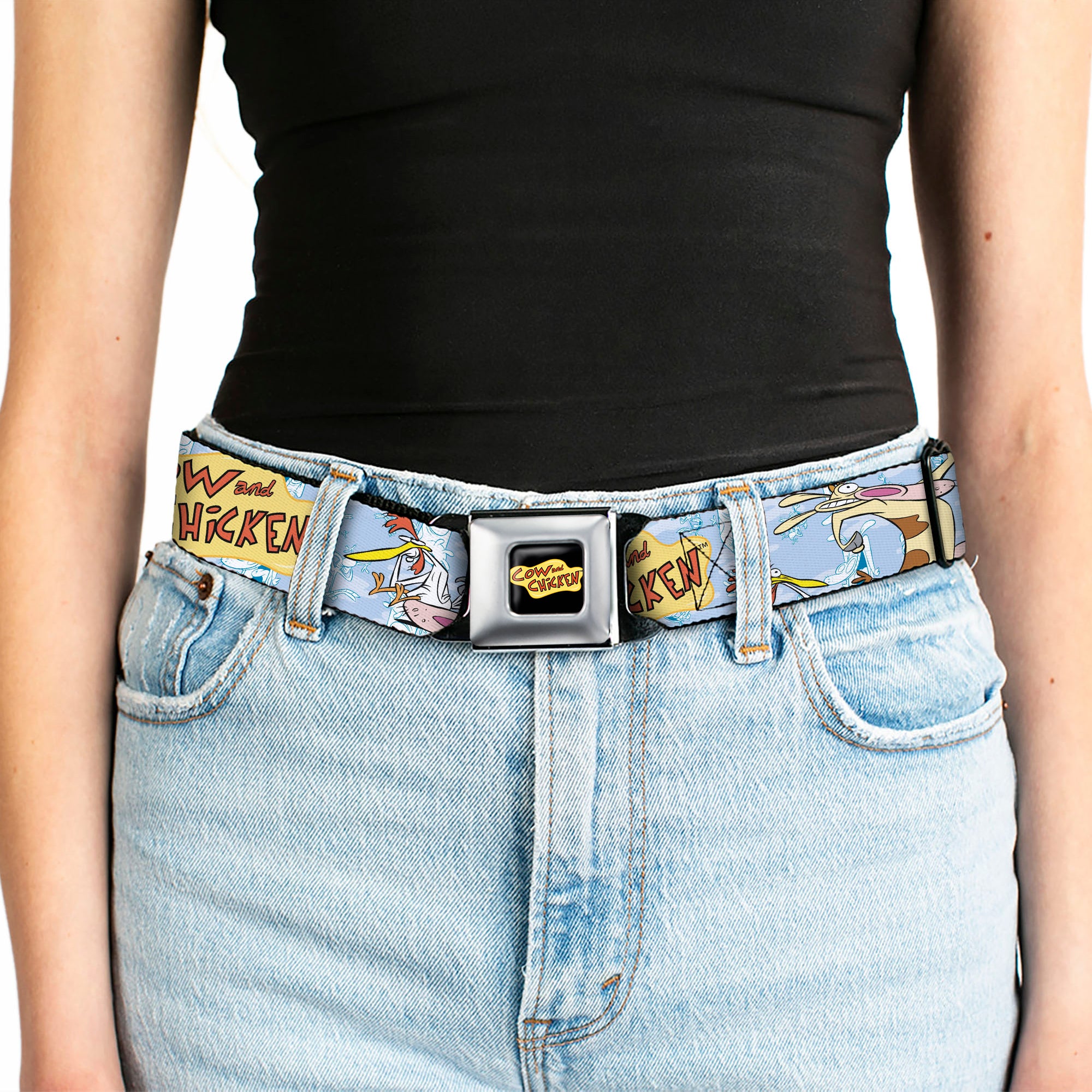 COW AND CHICKEN Title Logo Full Color Black Seatbelt Belt - COW AND CHICKEN Title Logo and Character Poses Blues Webbing Seatbelt Belts Cow and Chicken
