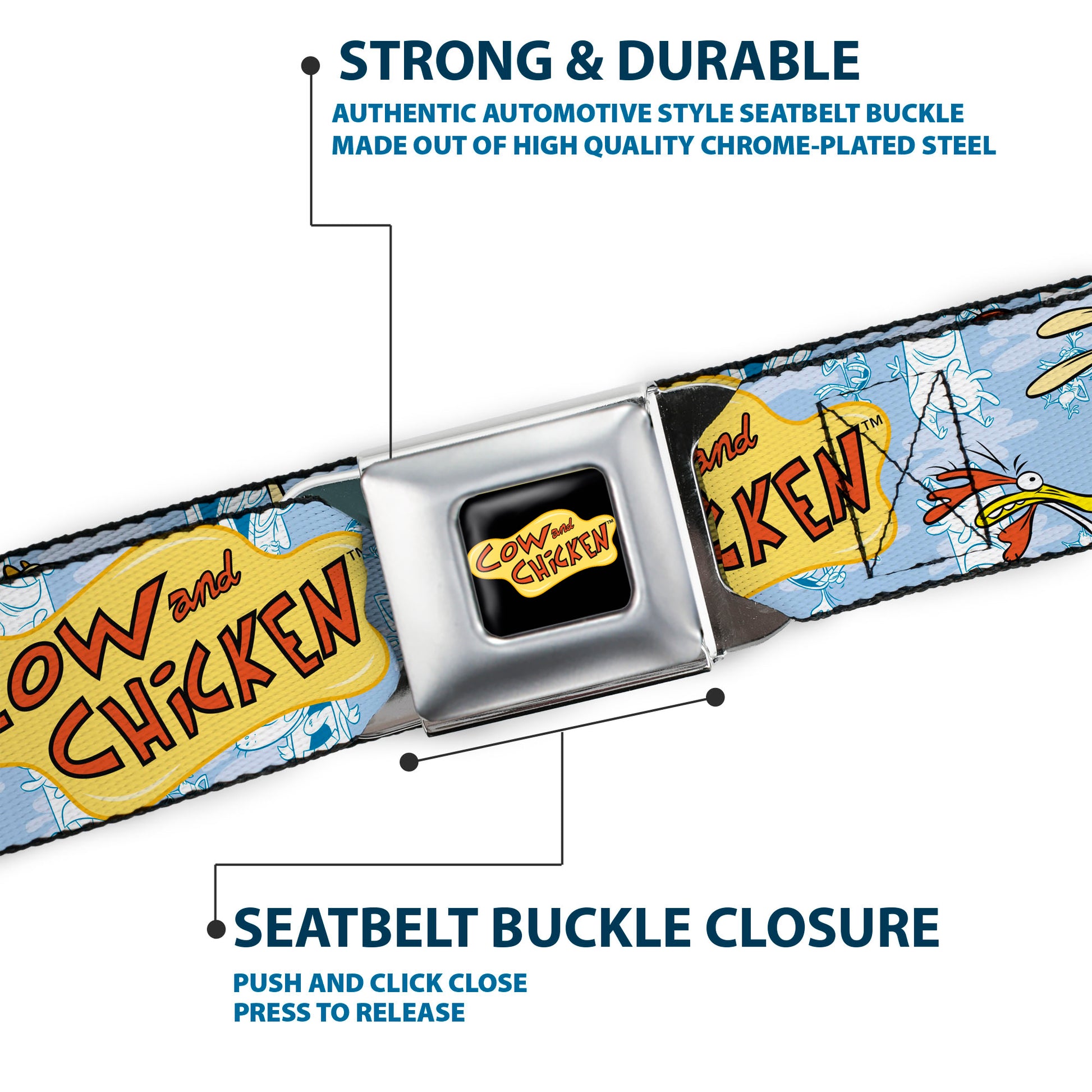 COW AND CHICKEN Title Logo Full Color Black Seatbelt Belt - COW AND CHICKEN Title Logo and Character Poses Blues Webbing Seatbelt Belts Cow and Chicken