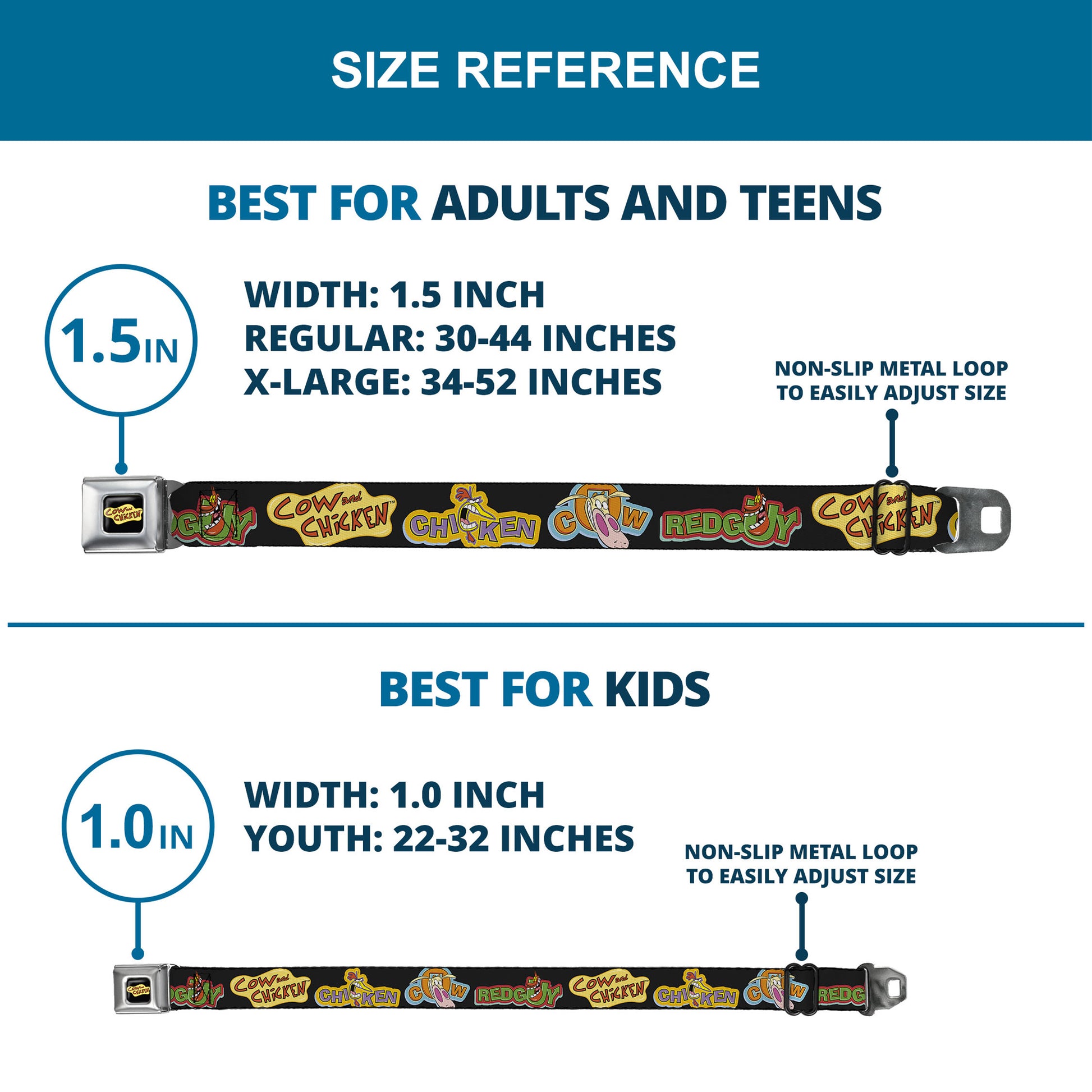 COW AND CHICKEN Title Logo Full Color Black Seatbelt Belt - COW AND CHICKEN Title Logo and Character Poses Blues Webbing Seatbelt Belts Cow and Chicken