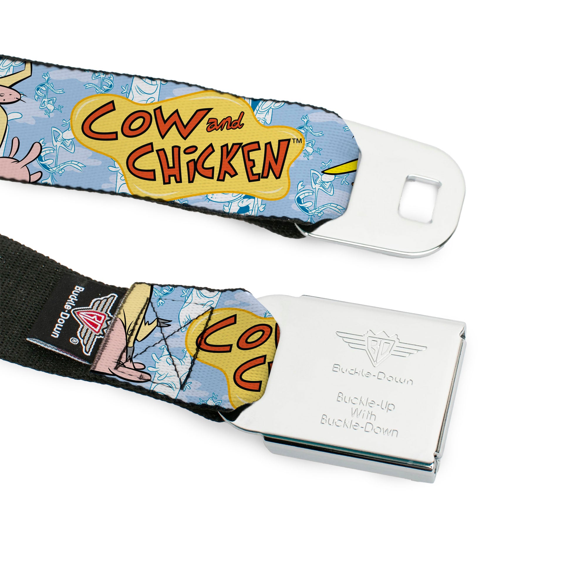 COW AND CHICKEN Title Logo Full Color Black Seatbelt Belt - COW AND CHICKEN Title Logo and Character Poses Blues Webbing Seatbelt Belts Cow and Chicken