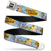COW AND CHICKEN Title Logo Full Color Black Seatbelt Belt - COW AND CHICKEN Title Logo and Character Poses Blues Webbing Seatbelt Belts Cow and Chicken