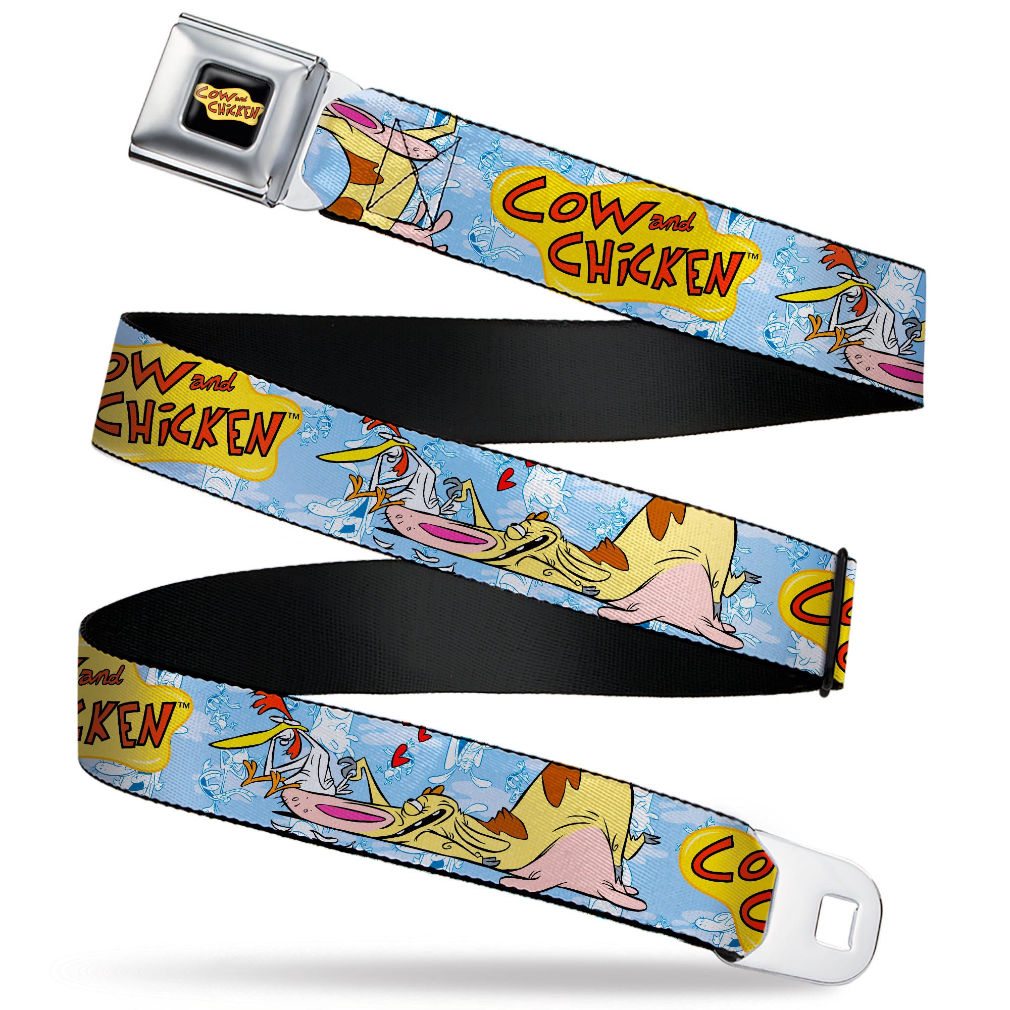 COW AND CHICKEN Title Logo Full Color Black Seatbelt Belt - COW AND CHICKEN Title Logo and Character Poses Blues Webbing Seatbelt Belts Cow and Chicken