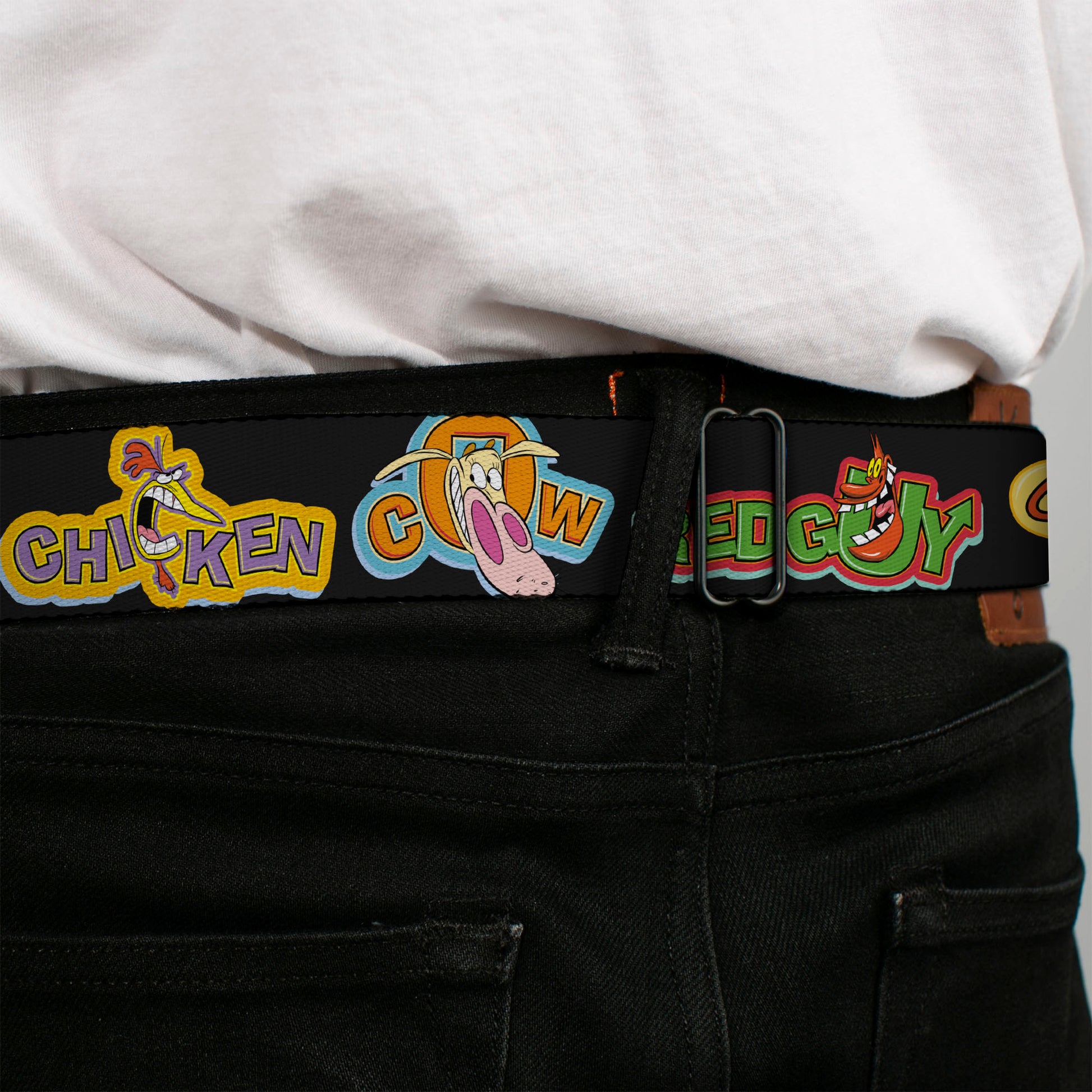 COW AND CHICKEN Title Logo Full Color Black Seatbelt Belt - COW AND CHICKEN Title Logo and Poses with RED GUY Black Webbing Seatbelt Belts Cow and Chicken