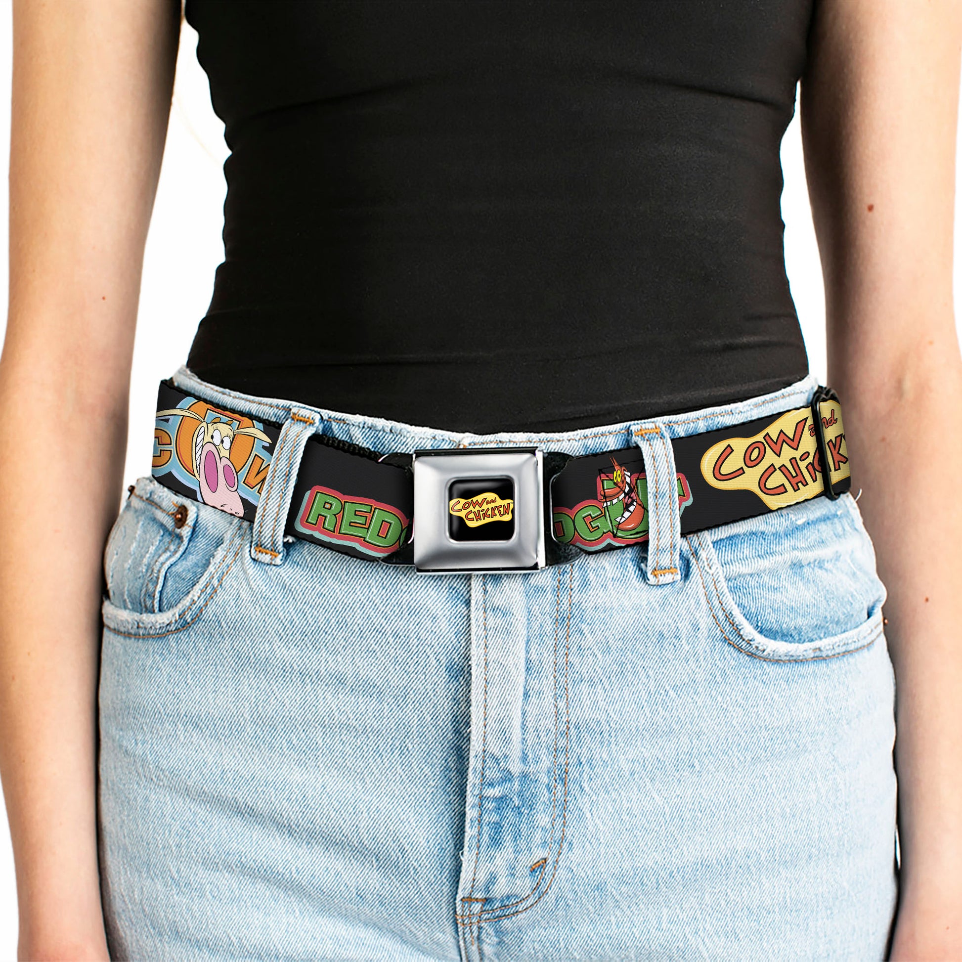 COW AND CHICKEN Title Logo Full Color Black Seatbelt Belt - COW AND CHICKEN Title Logo and Poses with RED GUY Black Webbing Seatbelt Belts Cow and Chicken