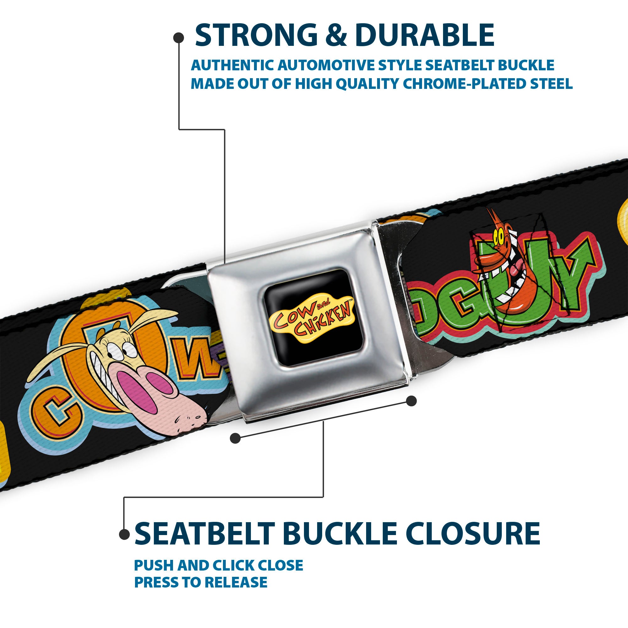 COW AND CHICKEN Title Logo Full Color Black Seatbelt Belt - COW AND CHICKEN Title Logo and Poses with RED GUY Black Webbing Seatbelt Belts Cow and Chicken