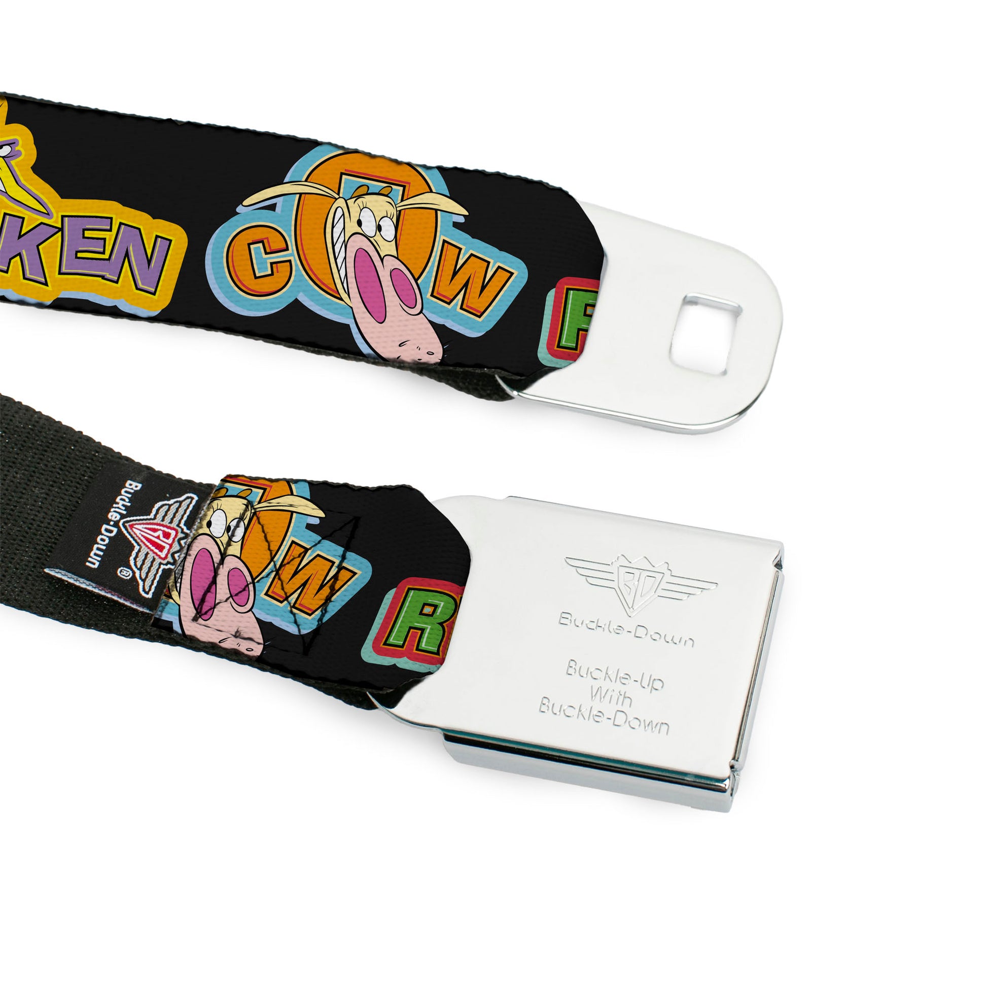 COW AND CHICKEN Title Logo Full Color Black Seatbelt Belt - COW AND CHICKEN Title Logo and Poses with RED GUY Black Webbing Seatbelt Belts Cow and Chicken