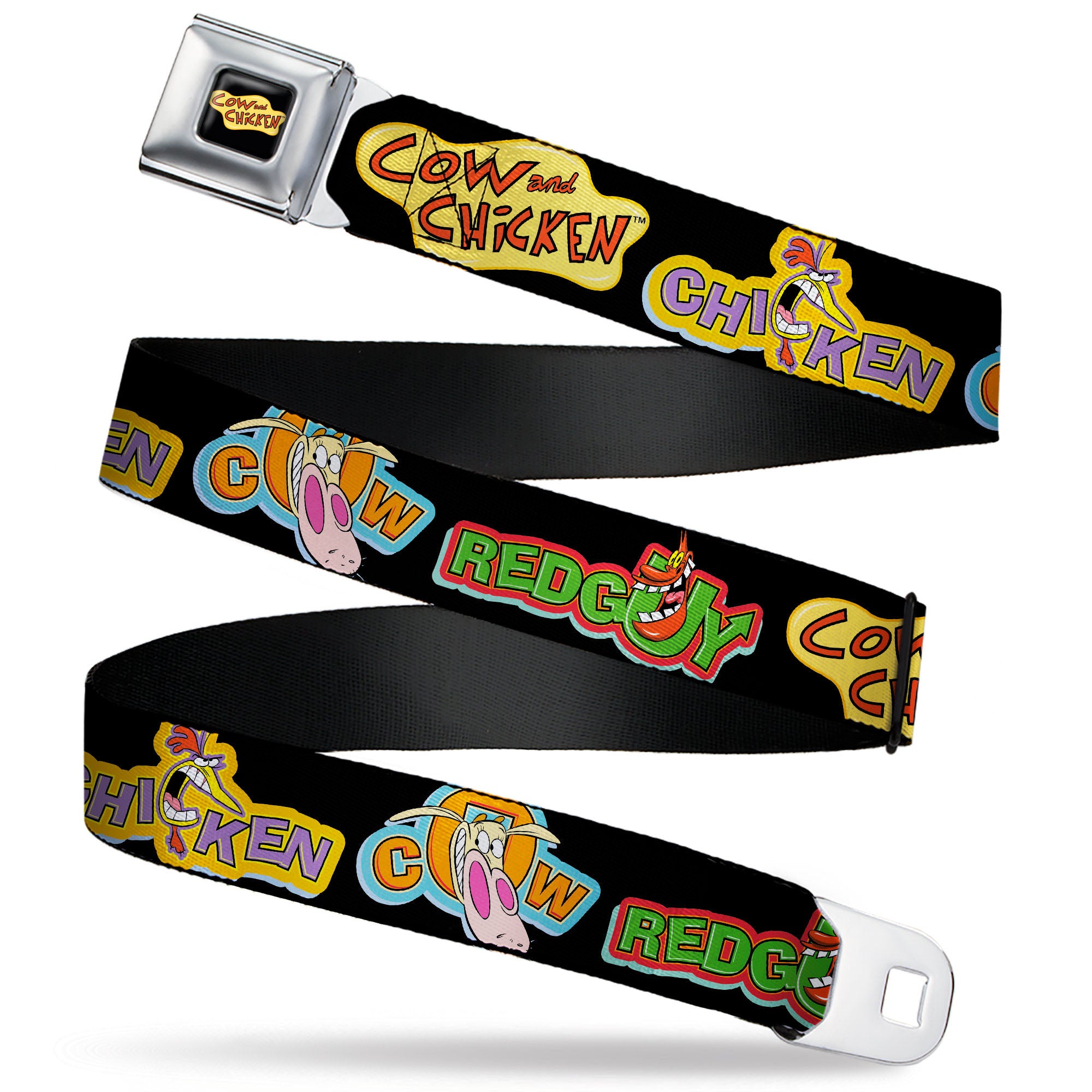 COW AND CHICKEN Title Logo Full Color Black Seatbelt Belt - COW AND CHICKEN Title Logo and Poses with RED GUY Black Webbing Seatbelt Belts Cow and Chicken