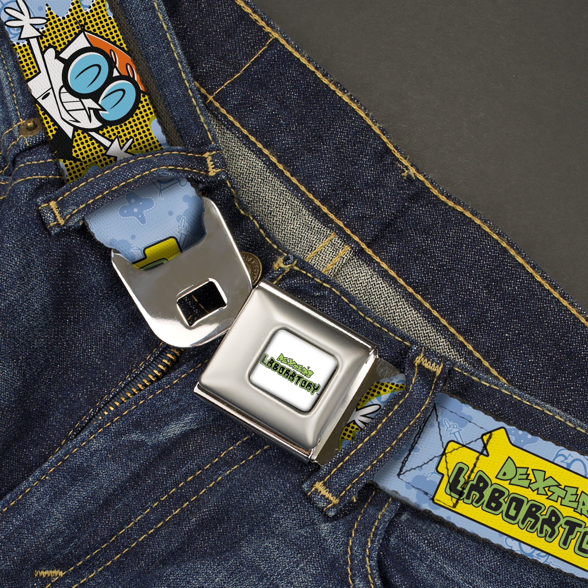 DEXTER'S LABORATORY Title Logo Full Color White/Black/Green Seatbelt Belt - DEXTER'S LABORATORY Title Logo and Dexter Pose Blues/Yellow/Black Webbing Seatbelt Belts Dexter's Laboratory
