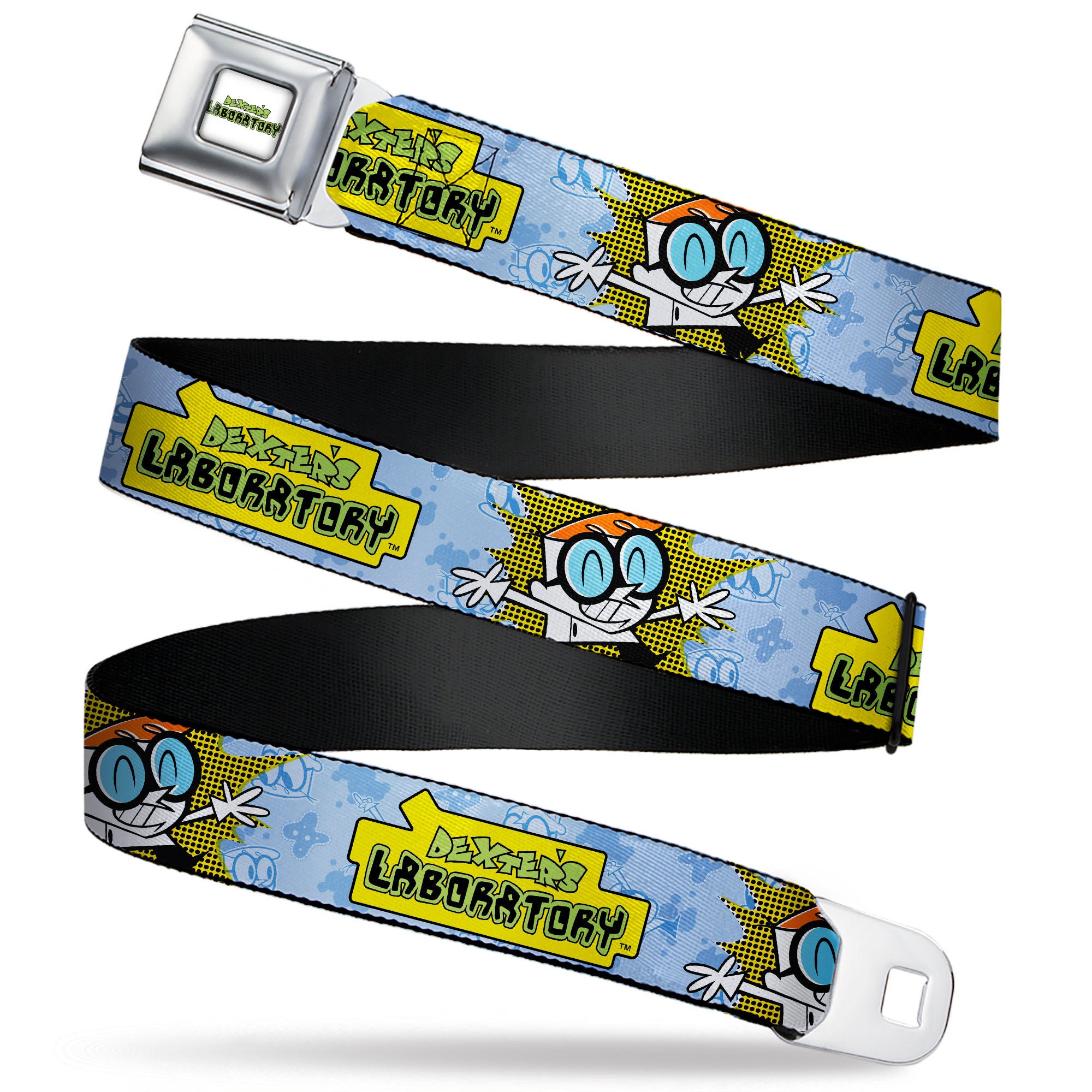 DEXTER'S LABORATORY Title Logo Full Color White/Black/Green Seatbelt Belt - DEXTER'S LABORATORY Title Logo and Dexter Pose Blues/Yellow/Black Webbing Seatbelt Belts Dexter's Laboratory