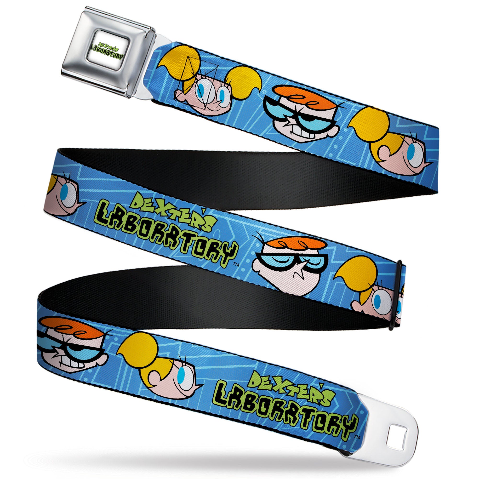 DEXTER'S LABORATORY Title Logo Full Color White/Black/Green Seatbelt Belt - DEXTER'S LABORATORY Title Logo with Dexter and Dee Dee Expressions Blues Webbing Seatbelt Belts Dexter's Laboratory