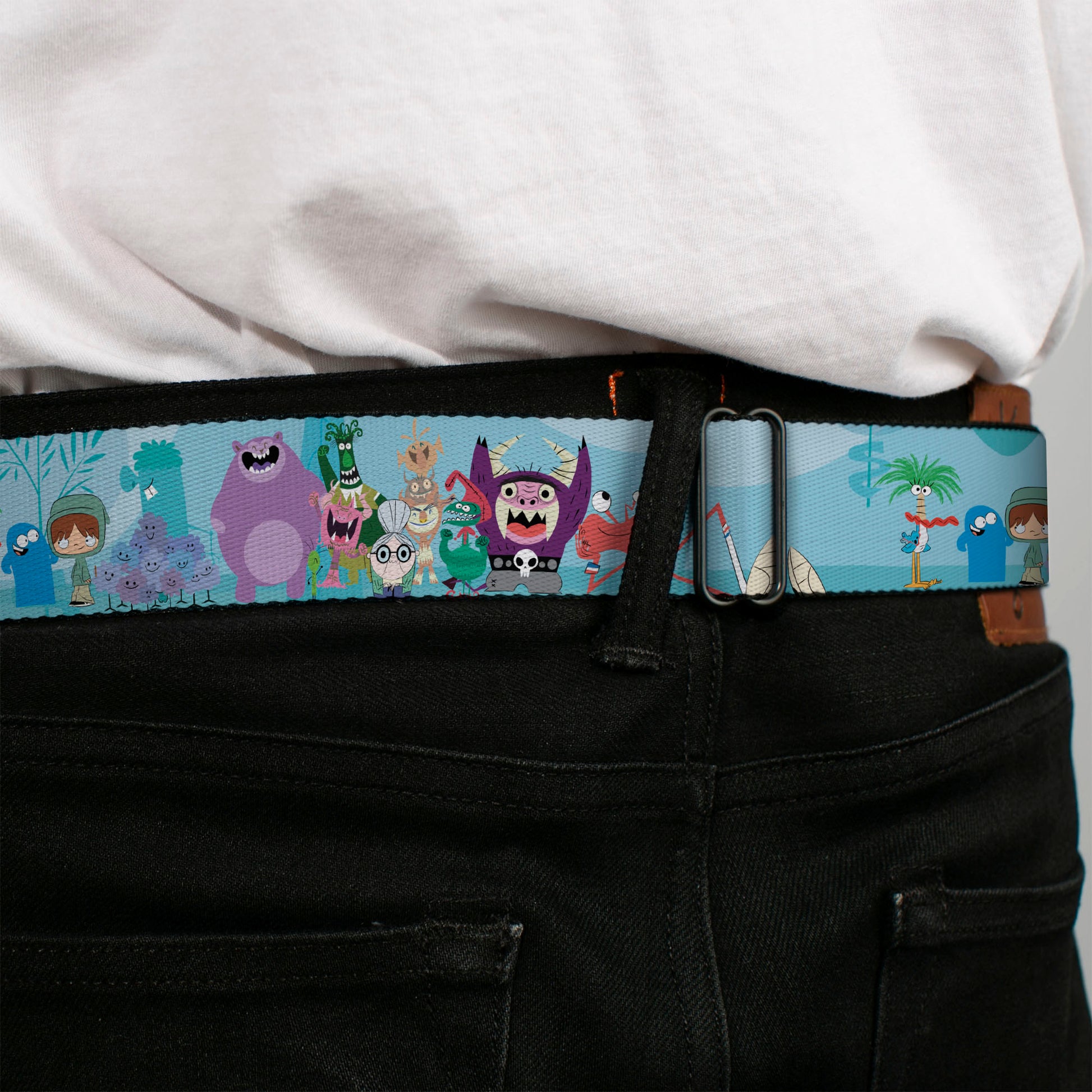 FOSTER'S HOME FOR IMAGINARY FRIENDS Title Logo Black/Multi Color Seatbelt Belt - Foster's Home for Imaginary Friends Group Pose Blues Webbing Seatbelt Belts Foster's Home for Imaginary Friends