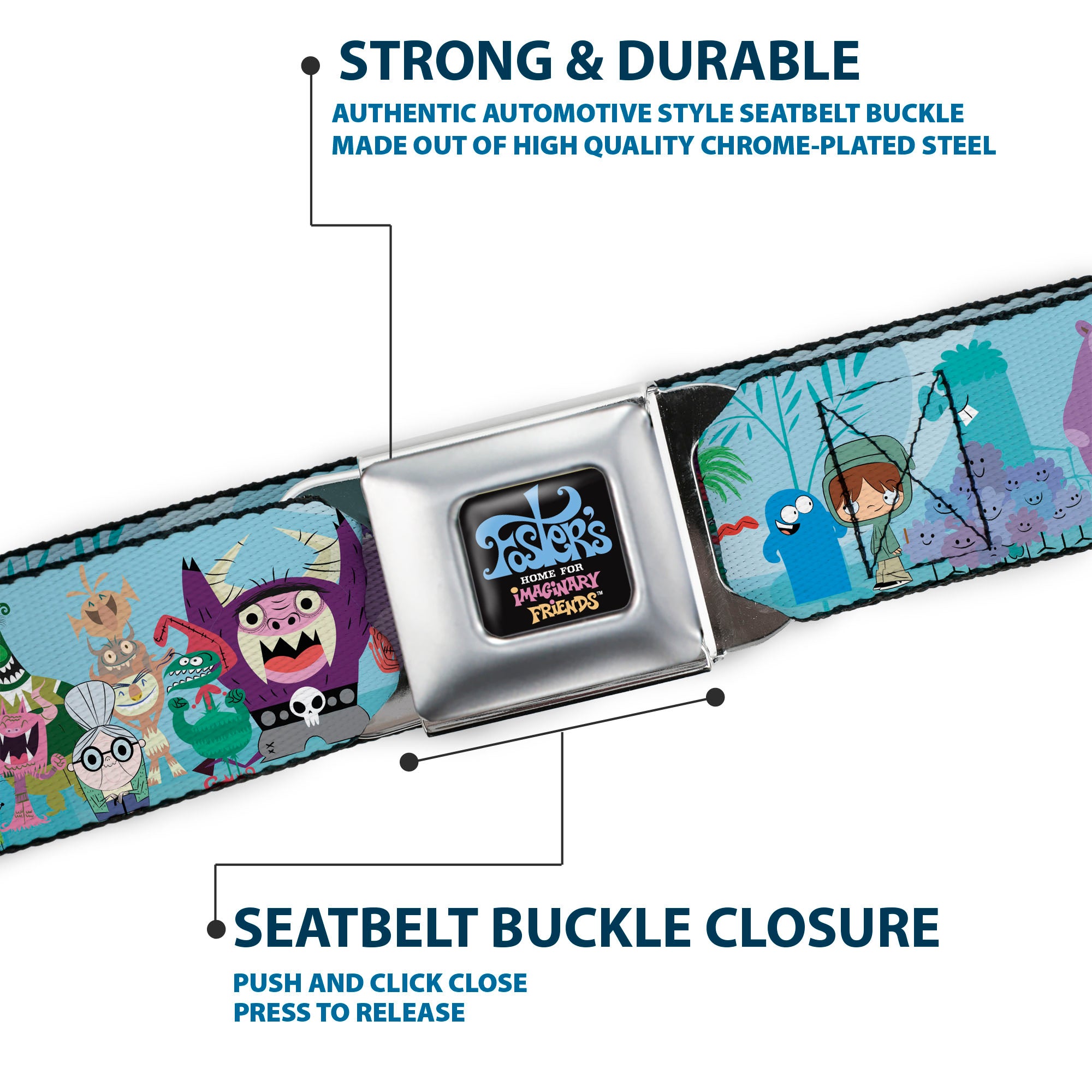 FOSTER'S HOME FOR IMAGINARY FRIENDS Title Logo Black/Multi Color Seatbelt Belt - Foster's Home for Imaginary Friends Group Pose Blues Webbing Seatbelt Belts Foster's Home for Imaginary Friends