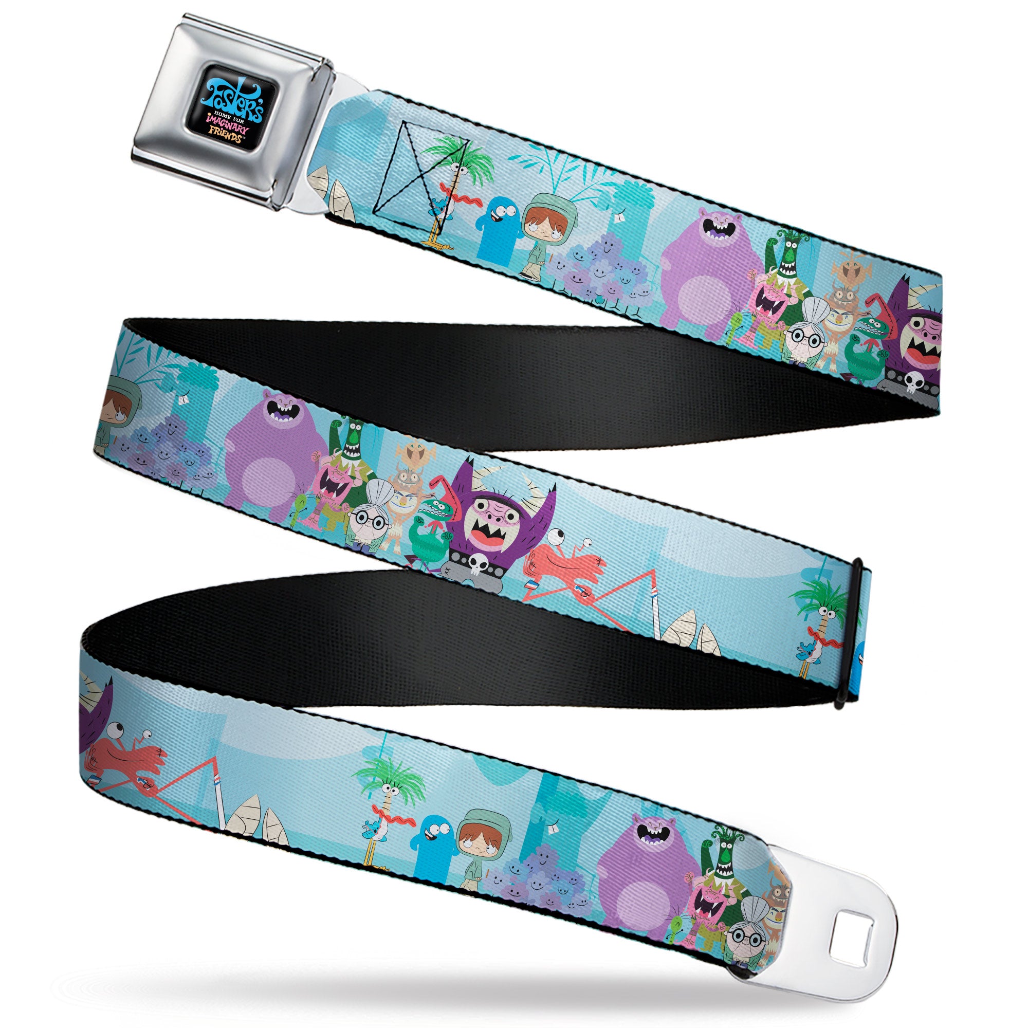 FOSTER'S HOME FOR IMAGINARY FRIENDS Title Logo Black/Multi Color Seatbelt Belt - Foster's Home for Imaginary Friends Group Pose Blues Webbing Seatbelt Belts Foster's Home for Imaginary Friends