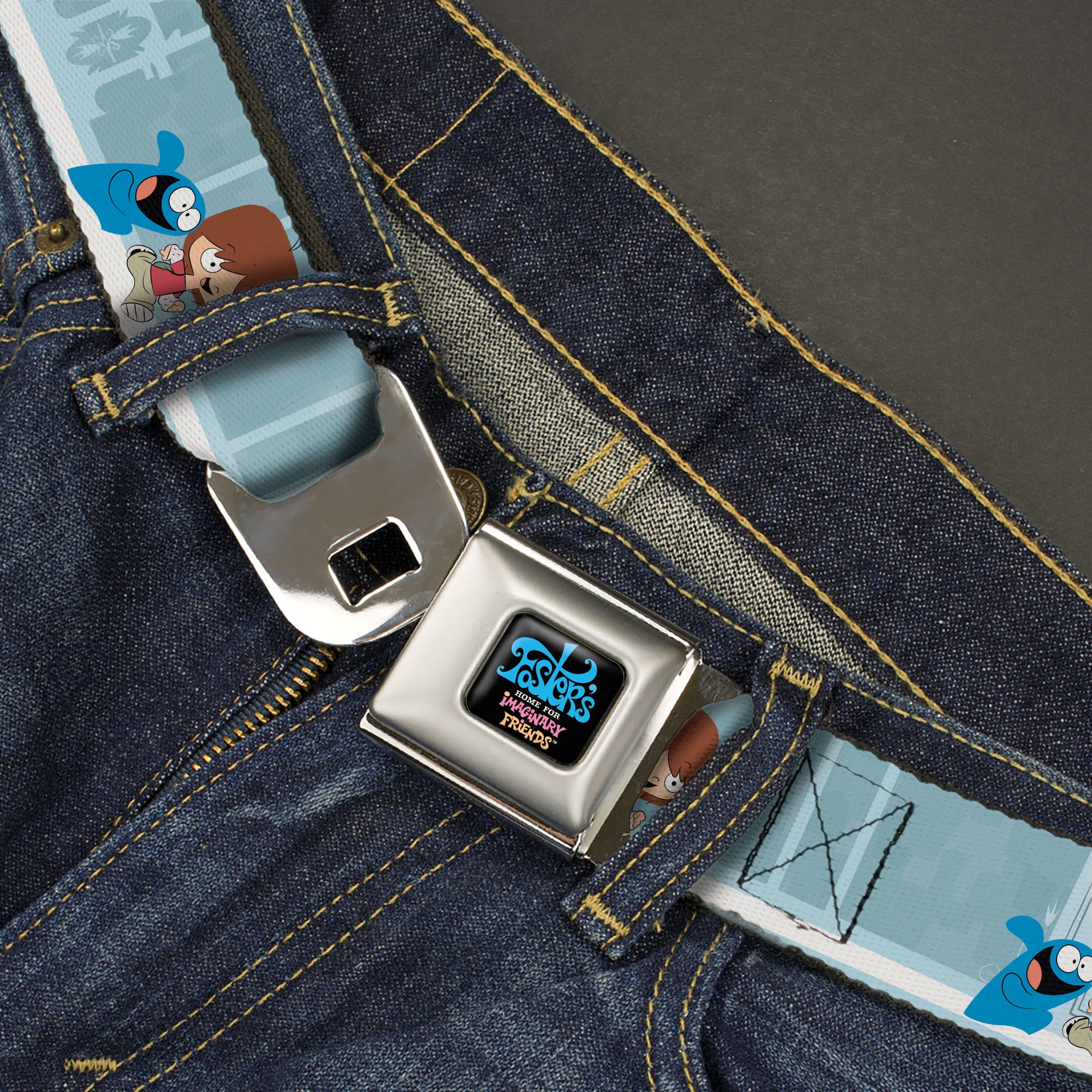 FOSTER'S HOME FOR IMAGINARY FRIENDS Title Logo Black/Multi Color Seatbelt Belt - Foster's Home for Imaginary Friends Mac and Bloo Pose Blues Webbing Seatbelt Belts Foster's Home for Imaginary Friends