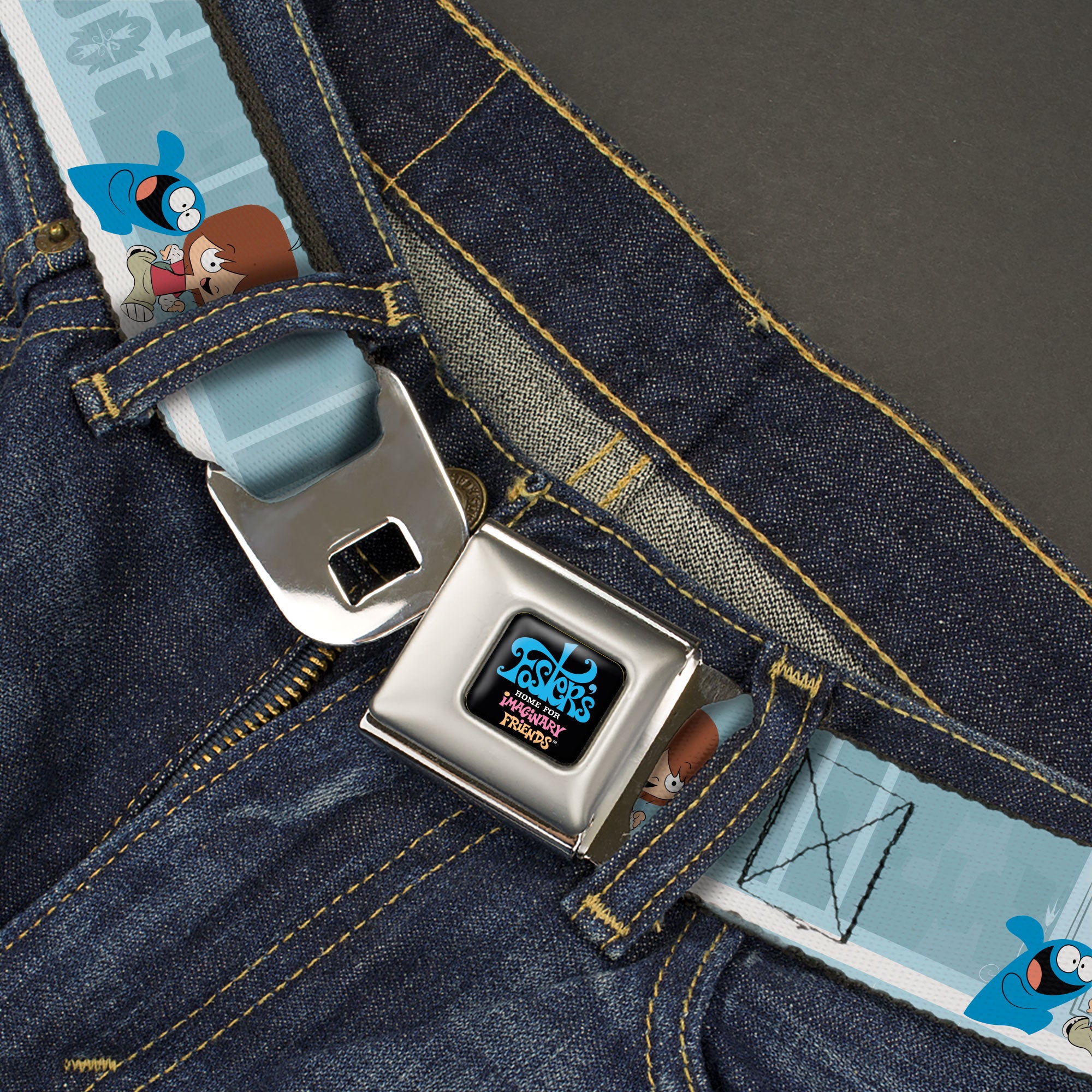 FOSTER'S HOME FOR IMAGINARY FRIENDS Title Logo Black/Multi Color Seatbelt Belt - Foster's Home for Imaginary Friends Mac and Bloo Pose Blues Webbing Seatbelt Belts Foster's Home for Imaginary Friends