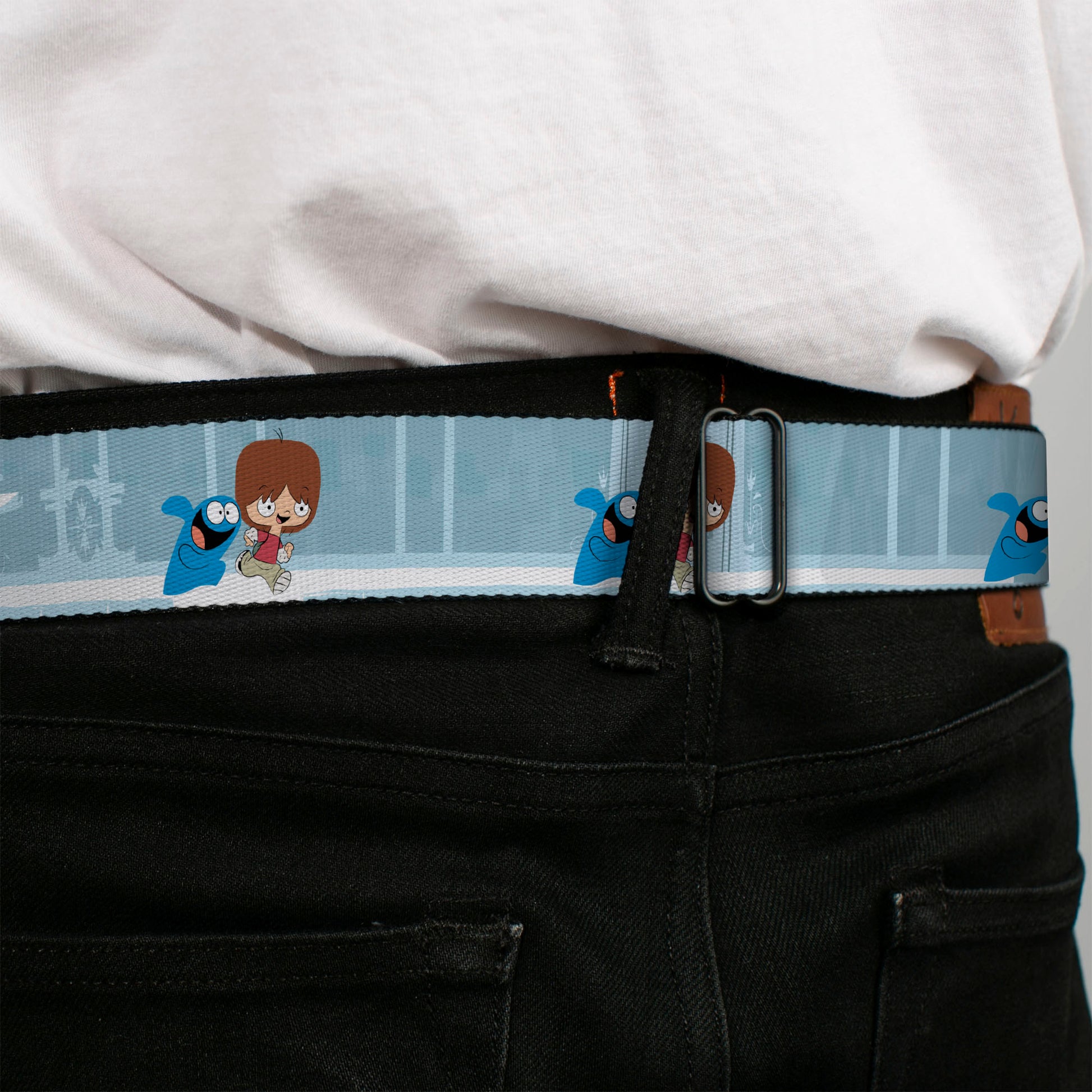FOSTER'S HOME FOR IMAGINARY FRIENDS Title Logo Black/Multi Color Seatbelt Belt - Foster's Home for Imaginary Friends Mac and Bloo Pose Blues Webbing Seatbelt Belts Foster's Home for Imaginary Friends