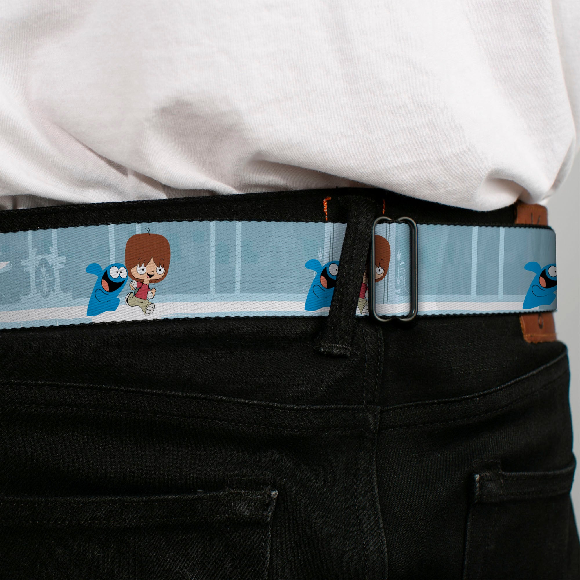 FOSTER'S HOME FOR IMAGINARY FRIENDS Title Logo Black/Multi Color Seatbelt Belt - Foster's Home for Imaginary Friends Mac and Bloo Pose Blues Webbing Seatbelt Belts Foster's Home for Imaginary Friends