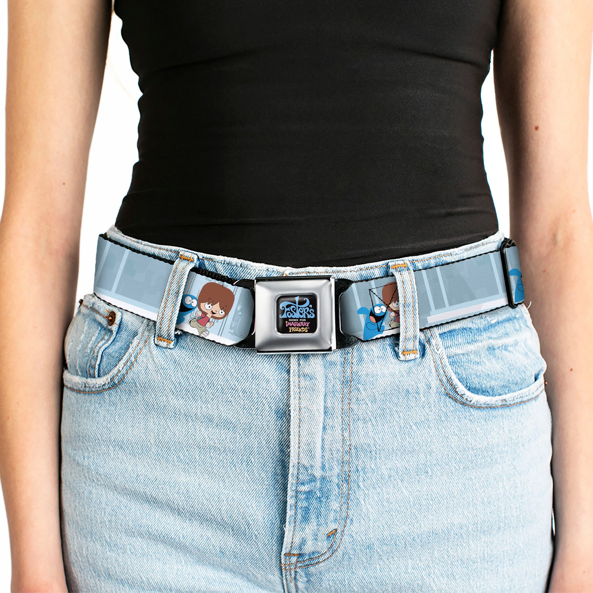 FOSTER'S HOME FOR IMAGINARY FRIENDS Title Logo Black/Multi Color Seatbelt Belt - Foster's Home for Imaginary Friends Mac and Bloo Pose Blues Webbing Seatbelt Belts Foster's Home for Imaginary Friends