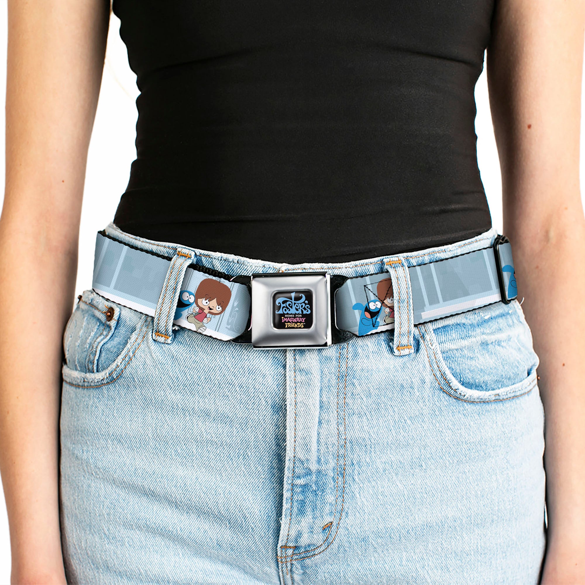 FOSTER'S HOME FOR IMAGINARY FRIENDS Title Logo Black/Multi Color Seatbelt Belt - Foster's Home for Imaginary Friends Mac and Bloo Pose Blues Webbing Seatbelt Belts Foster's Home for Imaginary Friends