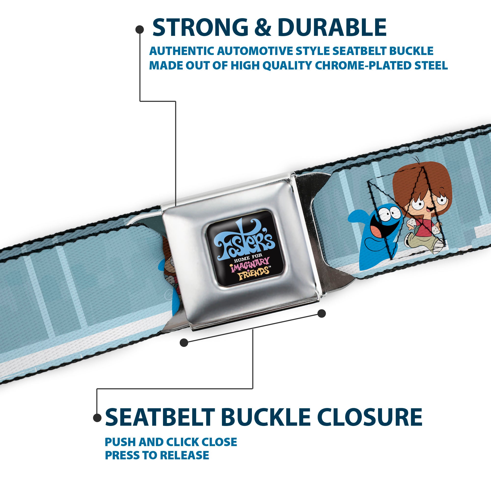 FOSTER'S HOME FOR IMAGINARY FRIENDS Title Logo Black/Multi Color Seatbelt Belt - Foster's Home for Imaginary Friends Mac and Bloo Pose Blues Webbing Seatbelt Belts Foster's Home for Imaginary Friends