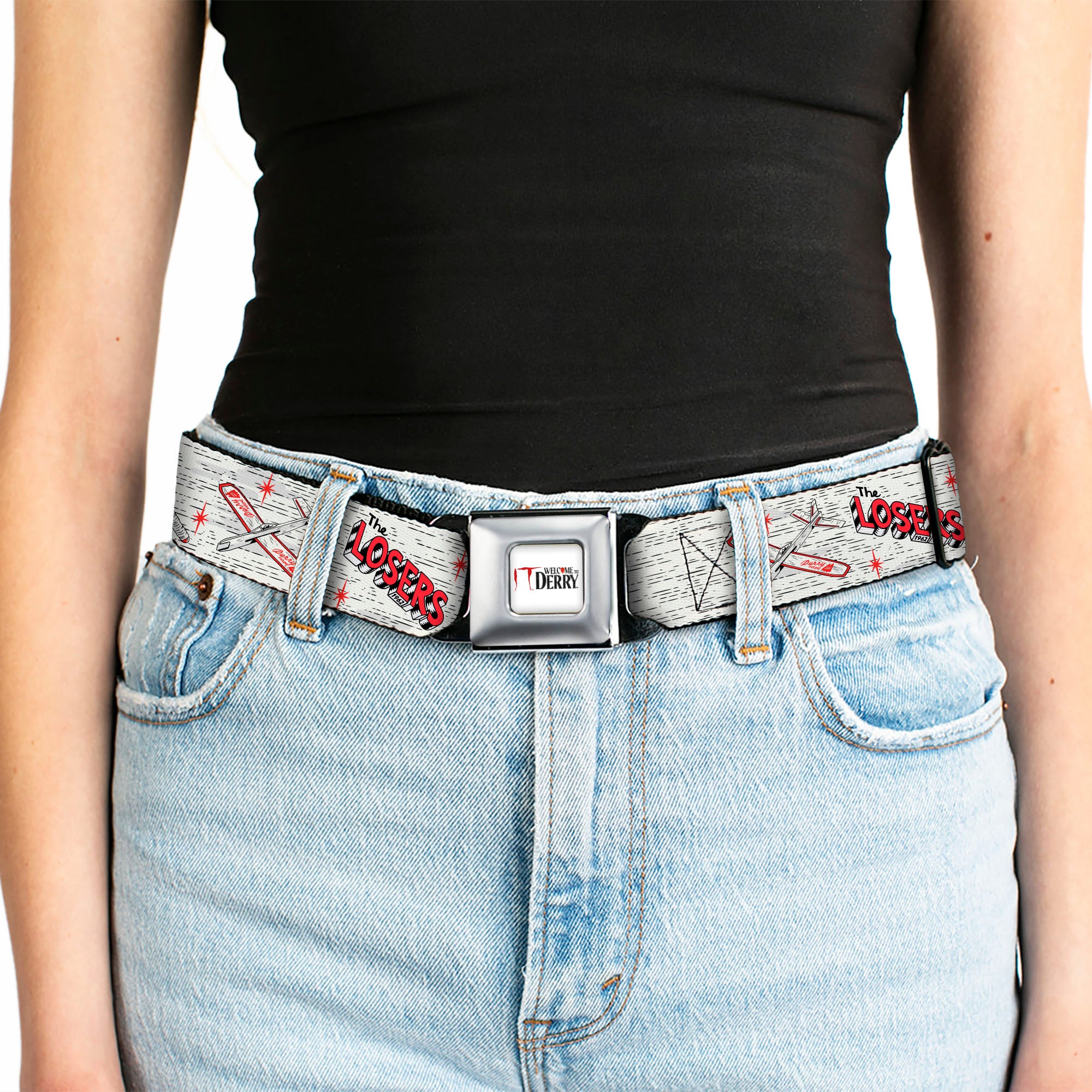IT WELCOME TO DERRY Title Logo Full Color White Seatbelt Belt - IT Welcome to Derry Icons Collage White/Black/Red Webbing Seatbelt Belts IT
