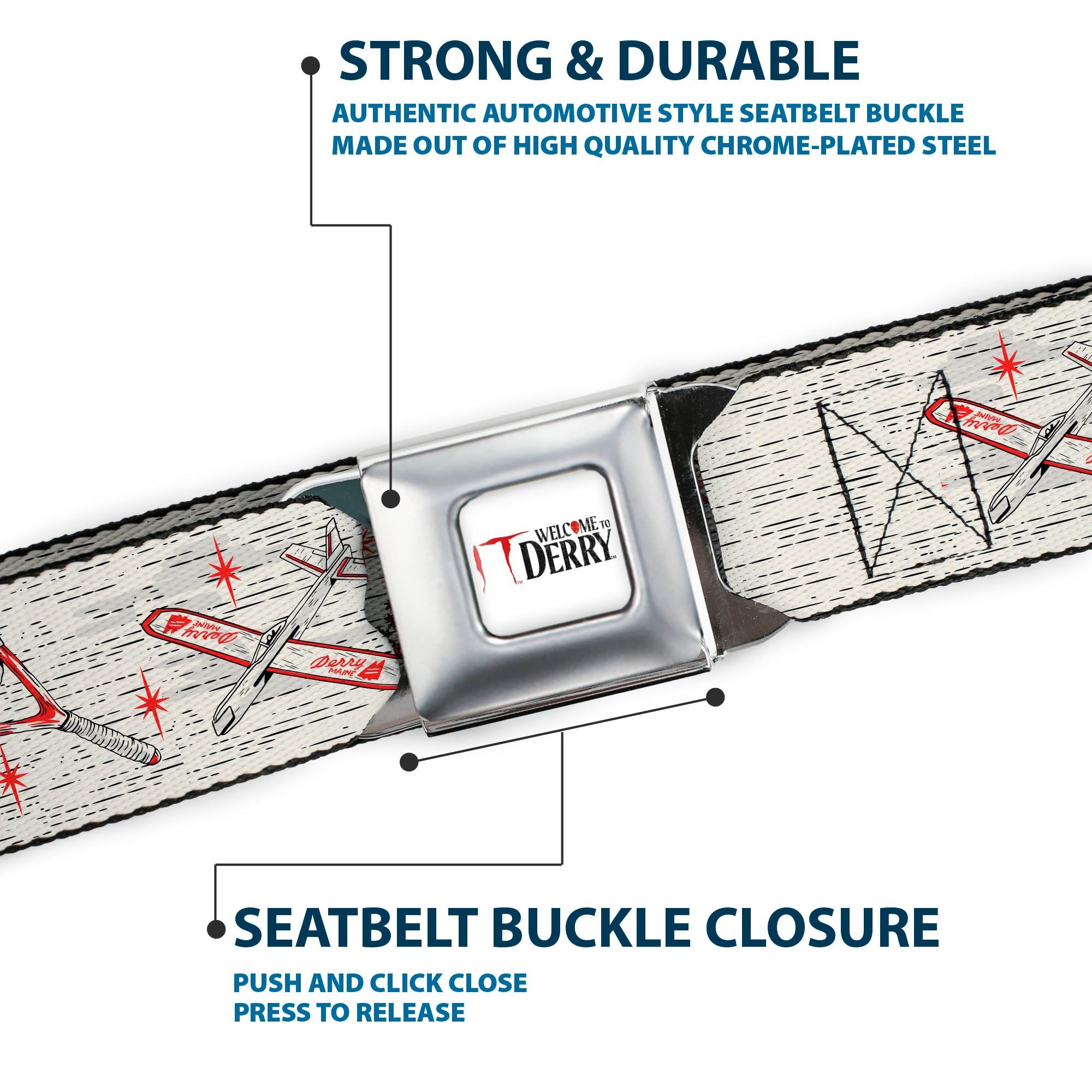 IT WELCOME TO DERRY Title Logo Full Color White Seatbelt Belt - IT Welcome to Derry Icons Collage White/Black/Red Webbing Seatbelt Belts IT
