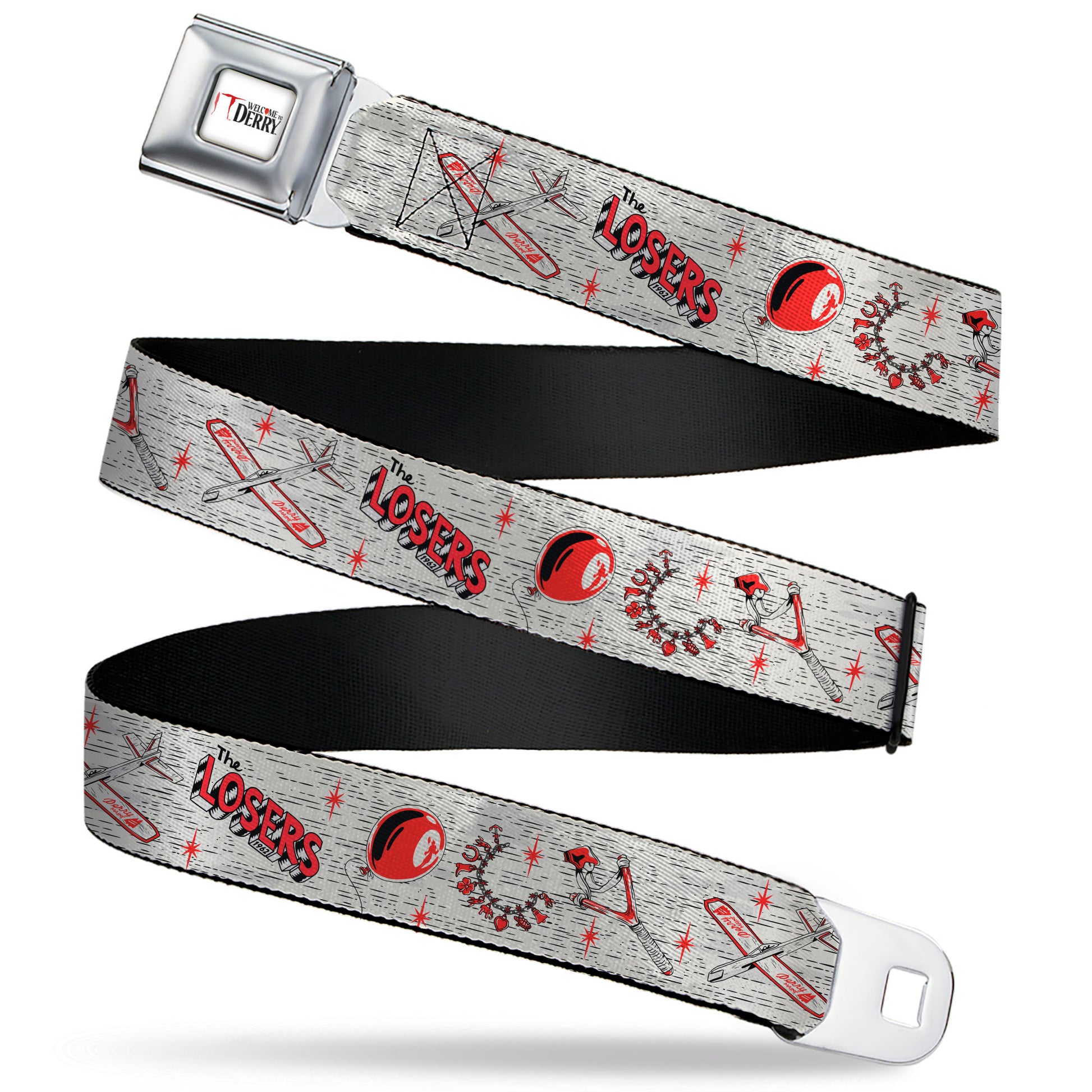 IT WELCOME TO DERRY Title Logo Full Color White Seatbelt Belt - IT Welcome to Derry Icons Collage White/Black/Red Webbing Seatbelt Belts IT