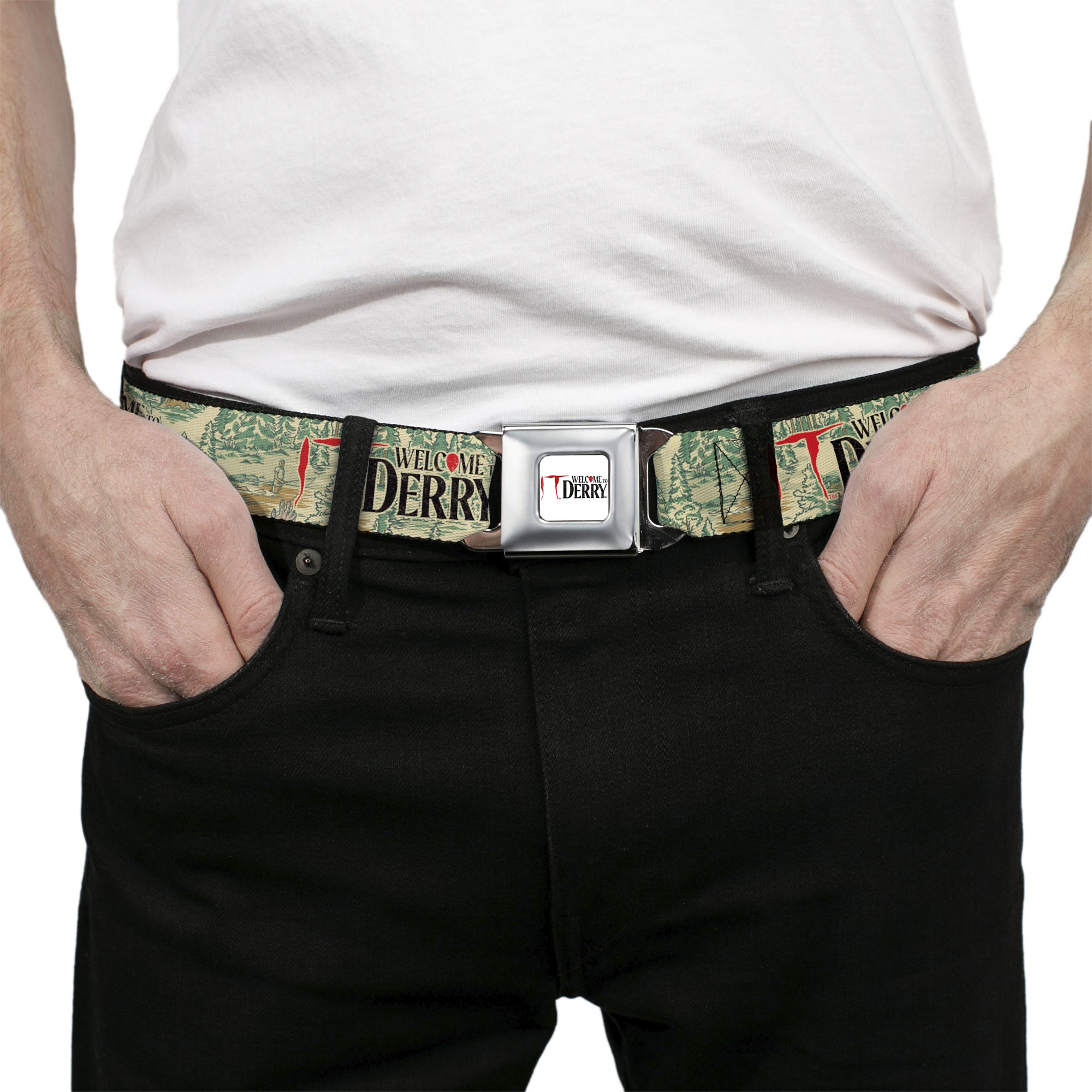 IT WELCOME TO DERRY Title Logo Full Color White Seatbelt Belt - IT WELCOME TO DERRY Forest Scenery and Title Logo Beige/Greens Webbing Seatbelt Belts IT