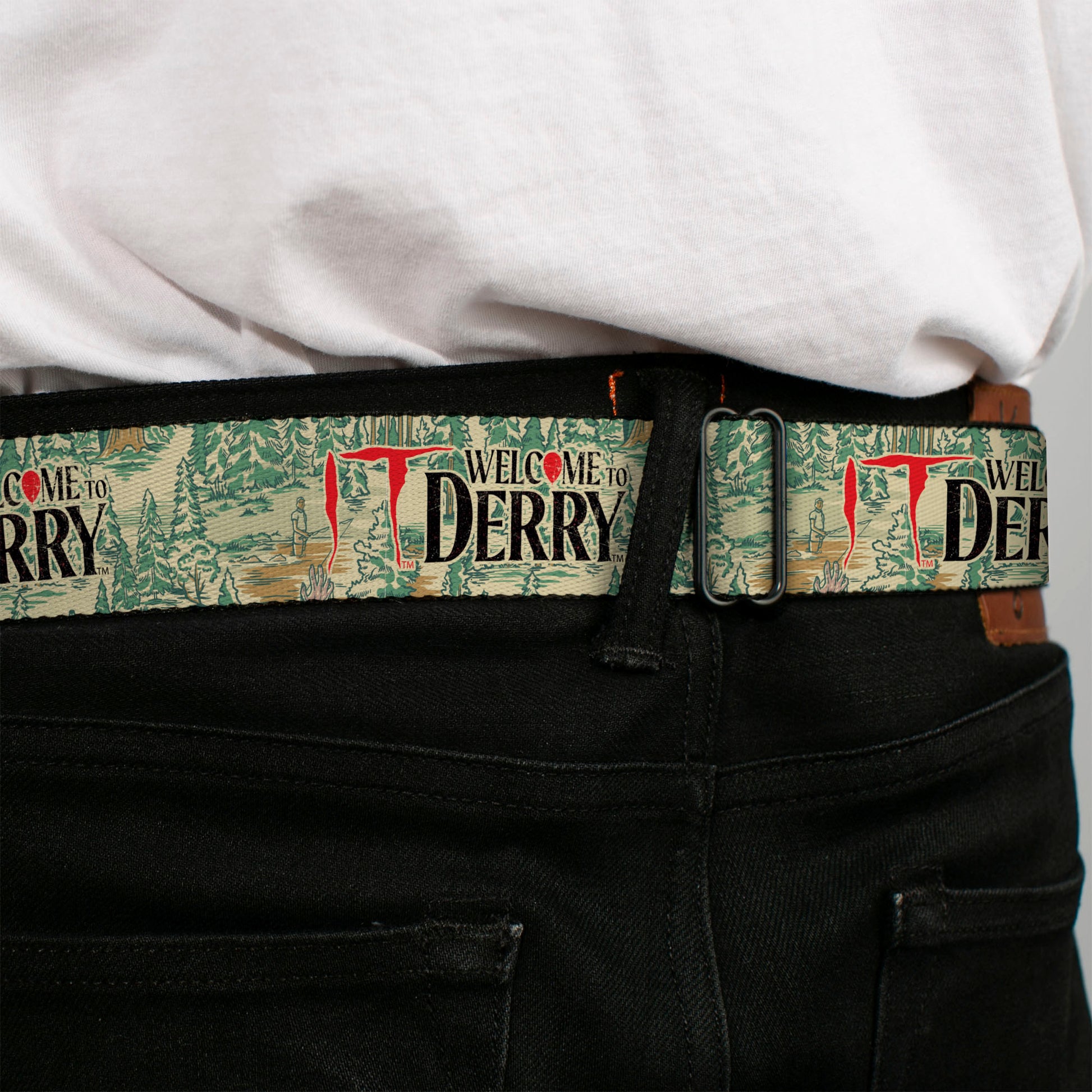 IT WELCOME TO DERRY Title Logo Full Color White Seatbelt Belt - IT WELCOME TO DERRY Forest Scenery and Title Logo Beige/Greens Webbing Seatbelt Belts IT
