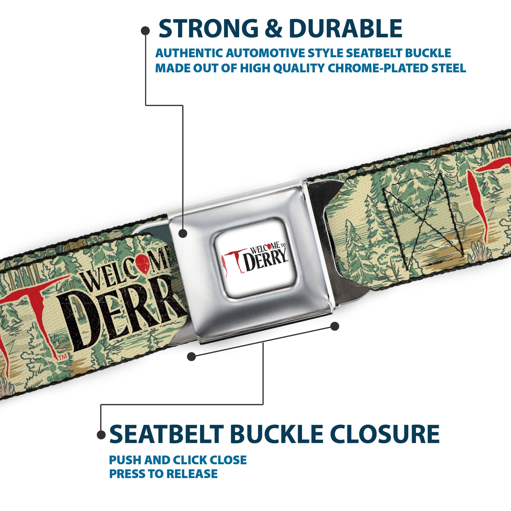 IT WELCOME TO DERRY Title Logo Full Color White Seatbelt Belt - IT WELCOME TO DERRY Forest Scenery and Title Logo Beige/Greens Webbing Seatbelt Belts IT