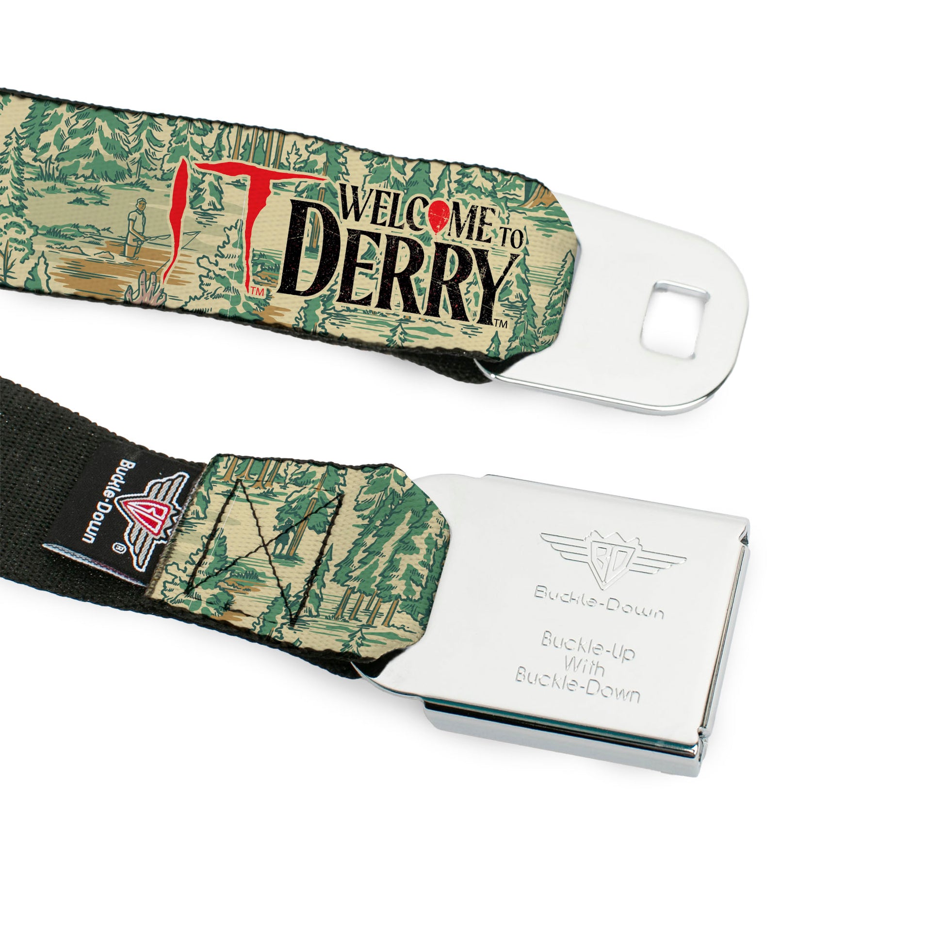 IT WELCOME TO DERRY Title Logo Full Color White Seatbelt Belt - IT WELCOME TO DERRY Forest Scenery and Title Logo Beige/Greens Webbing Seatbelt Belts IT