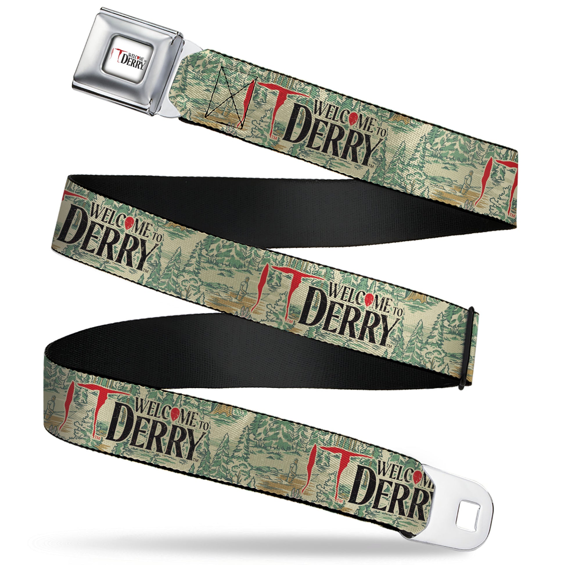 IT WELCOME TO DERRY Title Logo Full Color White Seatbelt Belt - IT WELCOME TO DERRY Forest Scenery and Title Logo Beige/Greens Webbing Seatbelt Belts IT