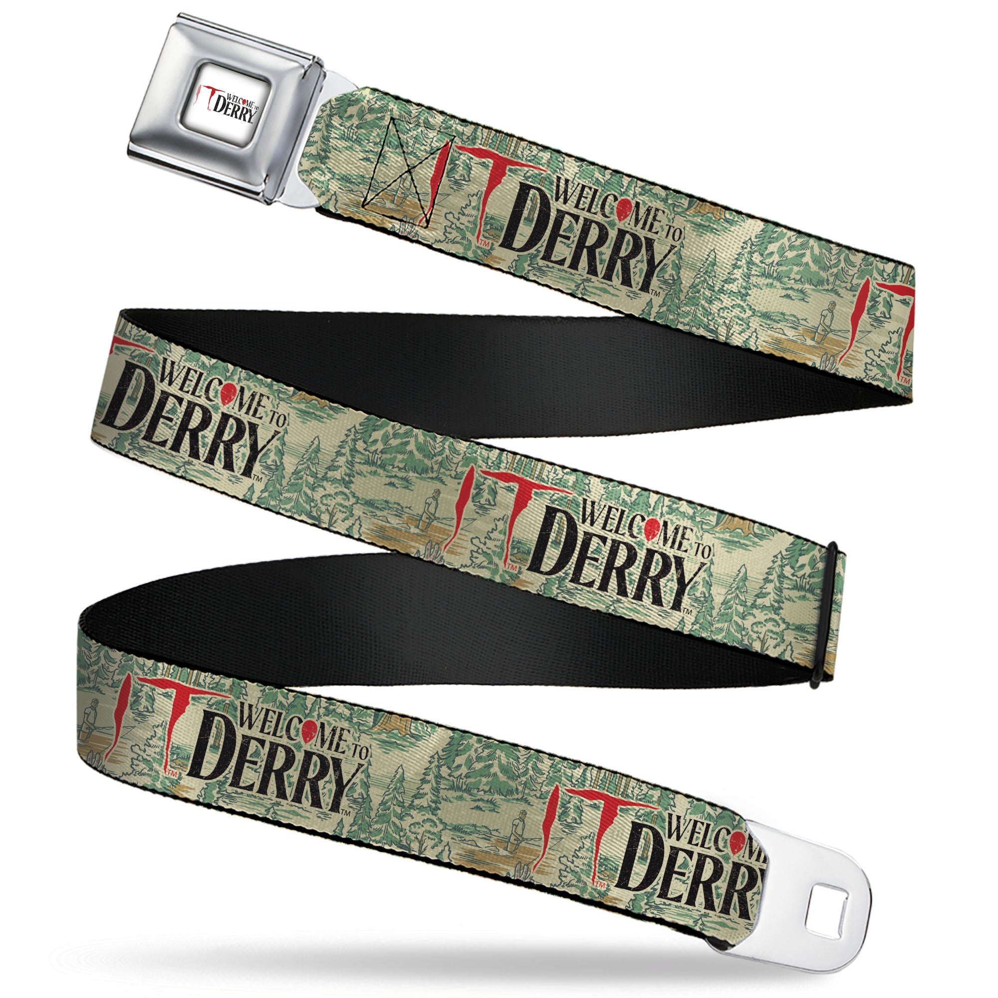 IT WELCOME TO DERRY Title Logo Full Color White Seatbelt Belt - IT WELCOME TO DERRY Forest Scenery and Title Logo Beige/Greens Webbing Seatbelt Belts IT