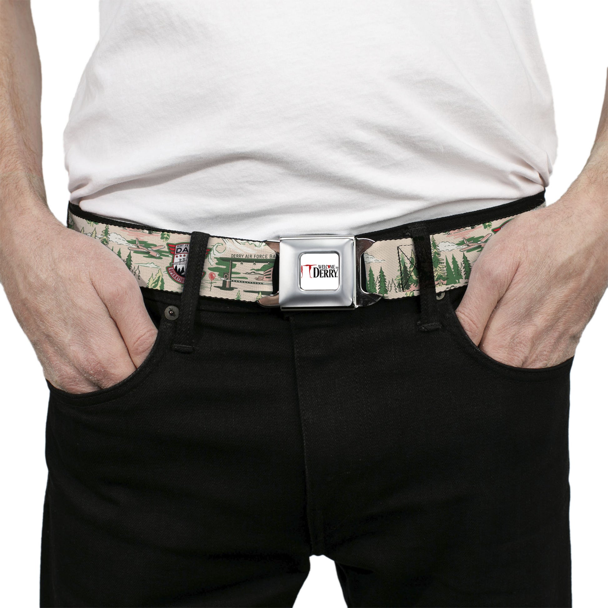 IT WELCOME TO DERRY Title Logo Full Color White Seatbelt Belt - IT Welcome to Derry Air Force Base and Forest Scenery Beige/Greens Webbing Seatbelt Belts IT