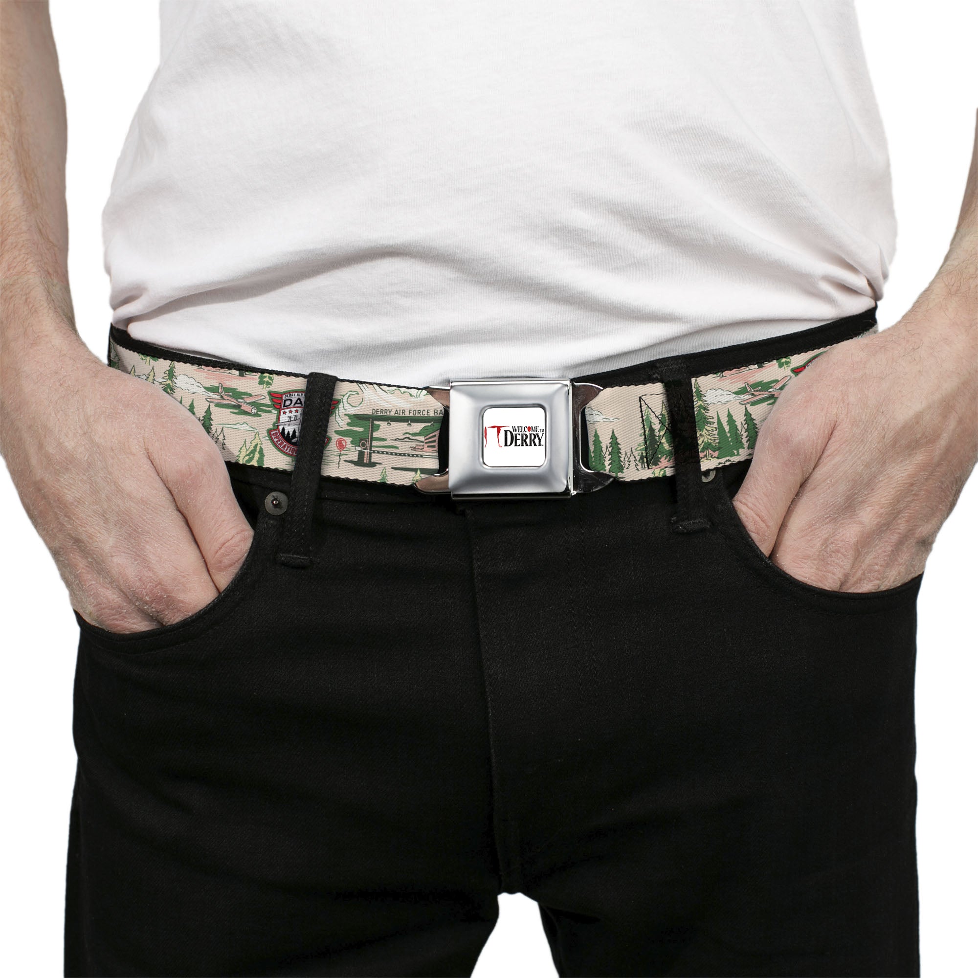 IT WELCOME TO DERRY Title Logo Full Color White Seatbelt Belt - IT Welcome to Derry Air Force Base and Forest Scenery Beige/Greens Webbing Seatbelt Belts IT