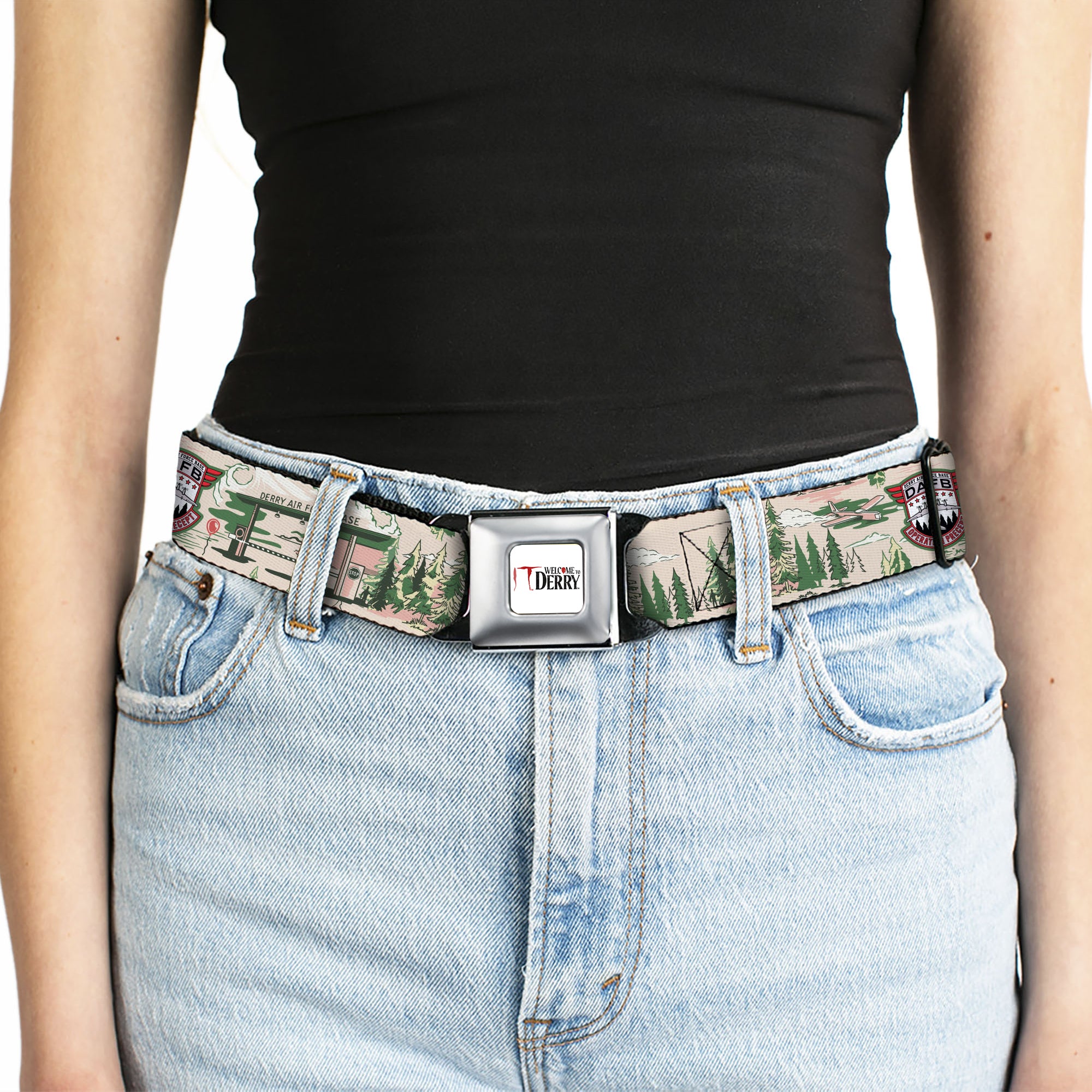 IT WELCOME TO DERRY Title Logo Full Color White Seatbelt Belt - IT Welcome to Derry Air Force Base and Forest Scenery Beige/Greens Webbing Seatbelt Belts IT