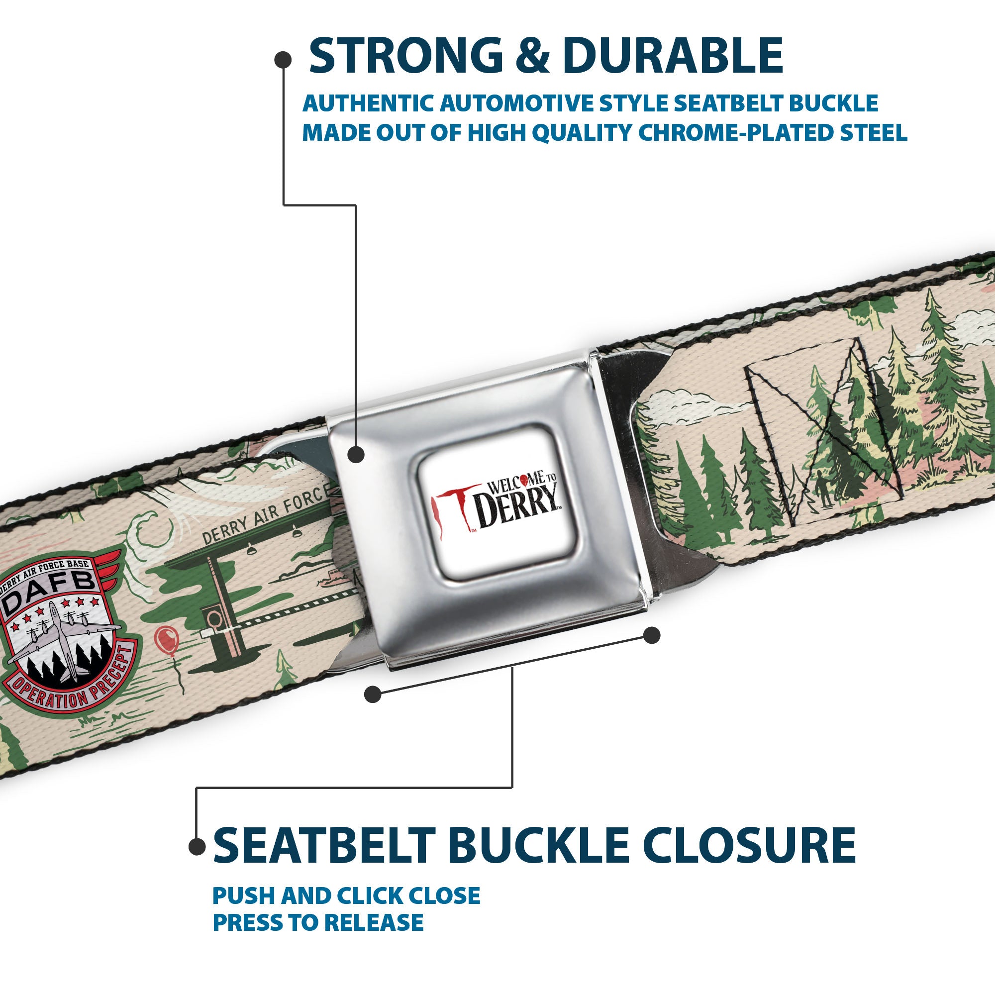 IT WELCOME TO DERRY Title Logo Full Color White Seatbelt Belt - IT Welcome to Derry Air Force Base and Forest Scenery Beige/Greens Webbing Seatbelt Belts IT
