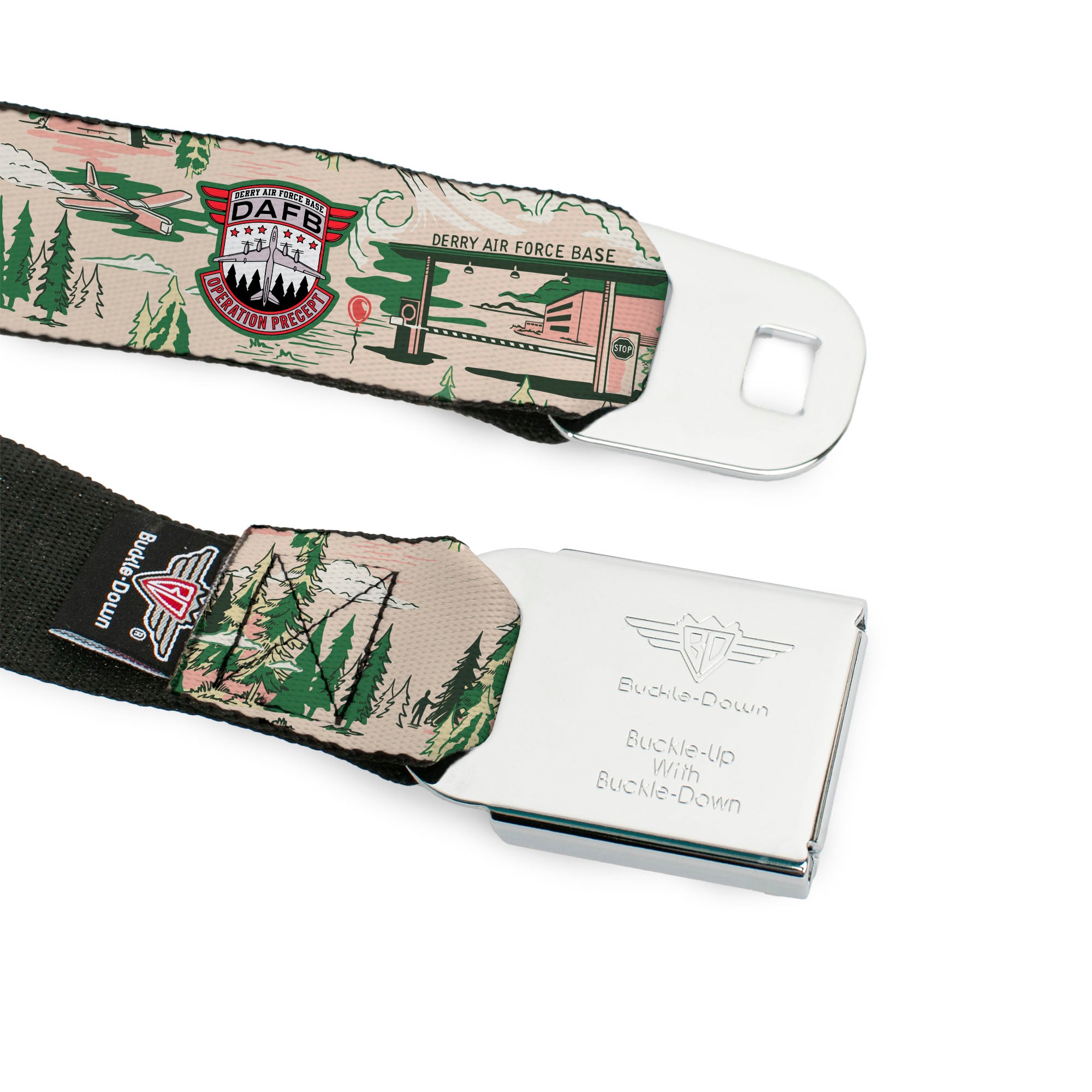 IT WELCOME TO DERRY Title Logo Full Color White Seatbelt Belt - IT Welcome to Derry Air Force Base and Forest Scenery Beige/Greens Webbing Seatbelt Belts IT