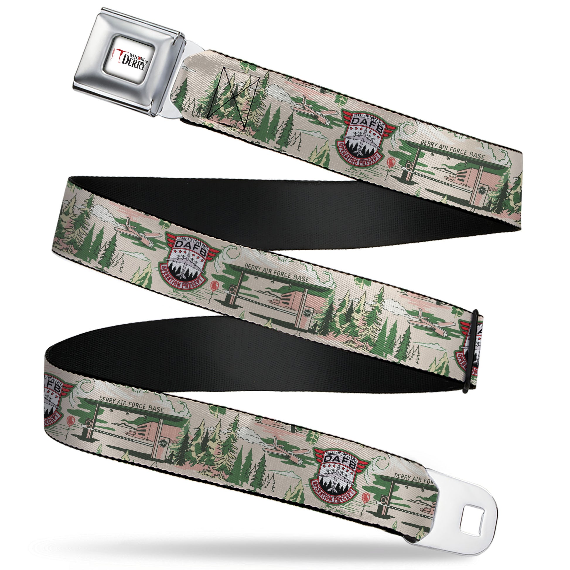 IT WELCOME TO DERRY Title Logo Full Color White Seatbelt Belt - IT Welcome to Derry Air Force Base and Forest Scenery Beige/Greens Webbing Seatbelt Belts IT