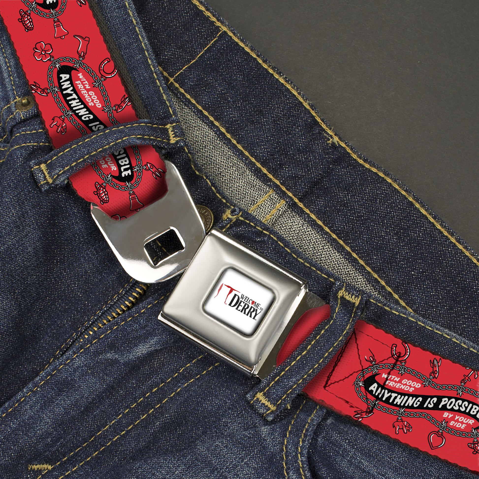 IT WELCOME TO DERRY Title Logo Full Color White Seatbelt Belt - IT Welcome to Derry ANYTHING IS POSSIBLE Charm Bracelet Red/Black/White Webbing Seatbelt Belts IT
