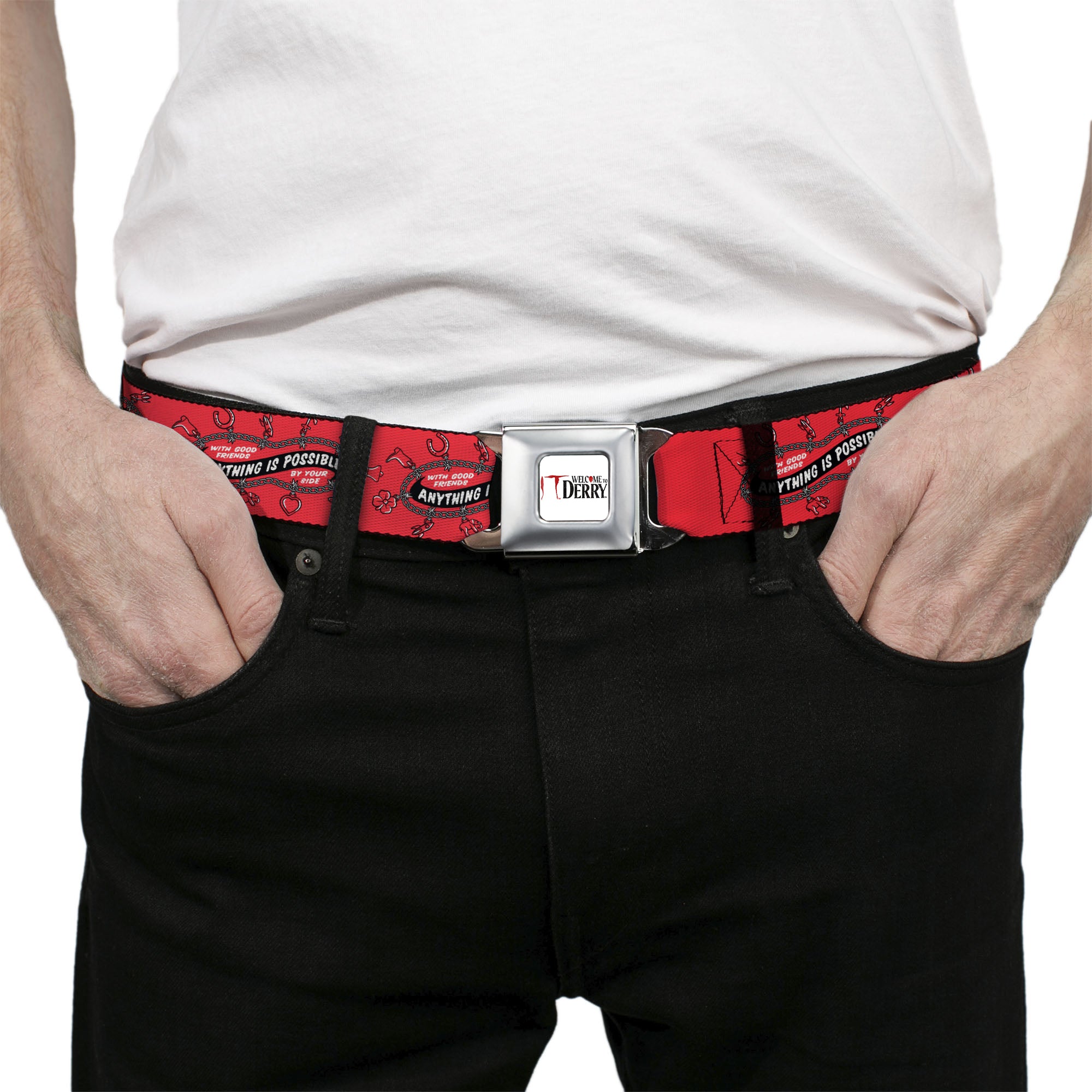 IT WELCOME TO DERRY Title Logo Full Color White Seatbelt Belt - IT Welcome to Derry ANYTHING IS POSSIBLE Charm Bracelet Red/Black/White Webbing Seatbelt Belts IT