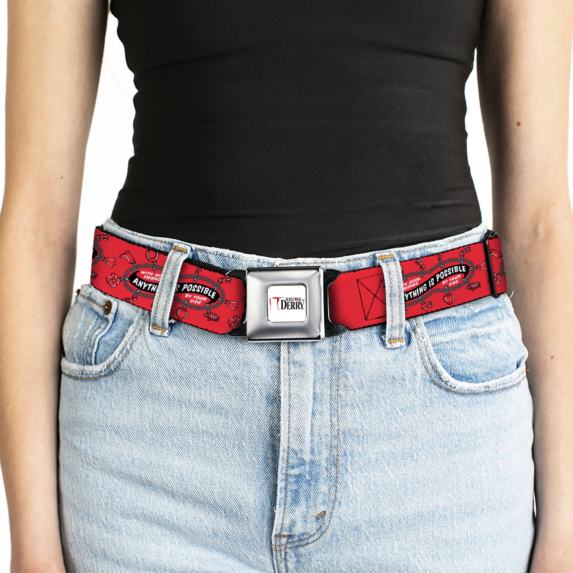 IT WELCOME TO DERRY Title Logo Full Color White Seatbelt Belt - IT Welcome to Derry ANYTHING IS POSSIBLE Charm Bracelet Red/Black/White Webbing Seatbelt Belts IT