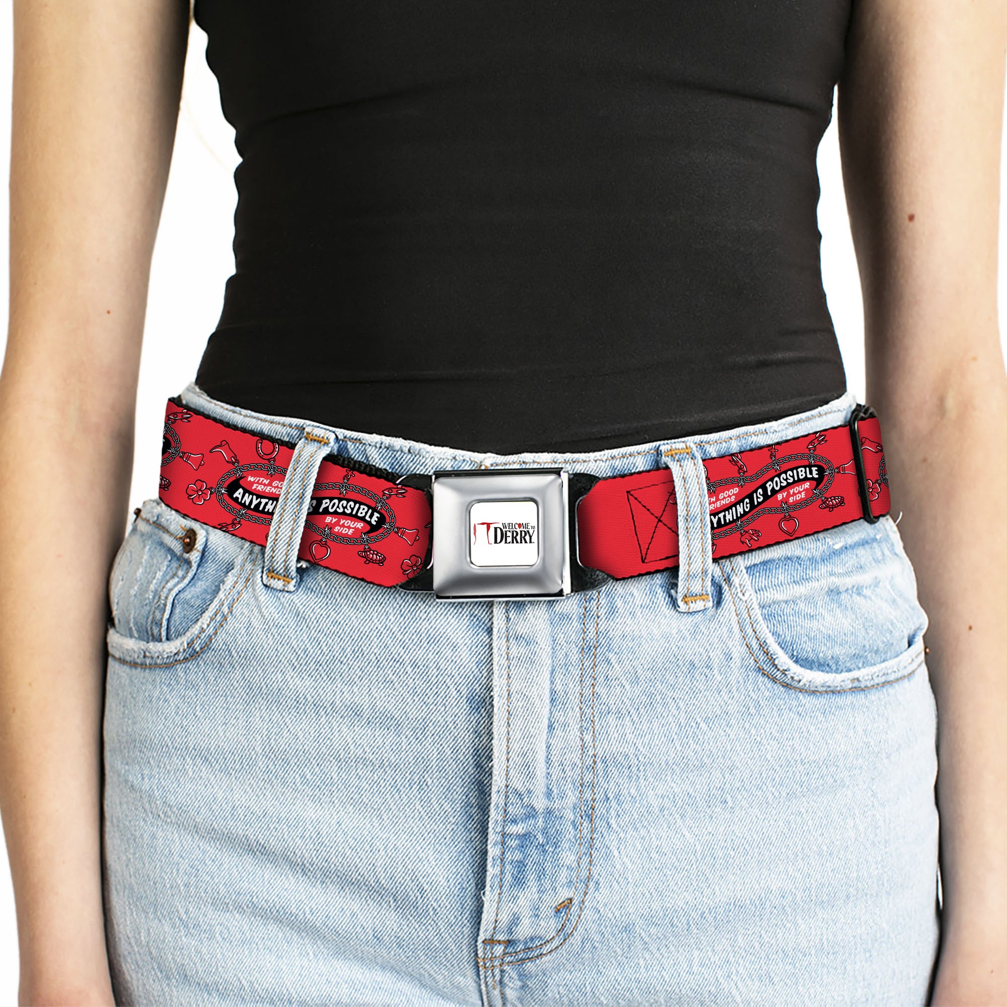 IT WELCOME TO DERRY Title Logo Full Color White Seatbelt Belt - IT Welcome to Derry ANYTHING IS POSSIBLE Charm Bracelet Red/Black/White Webbing Seatbelt Belts IT