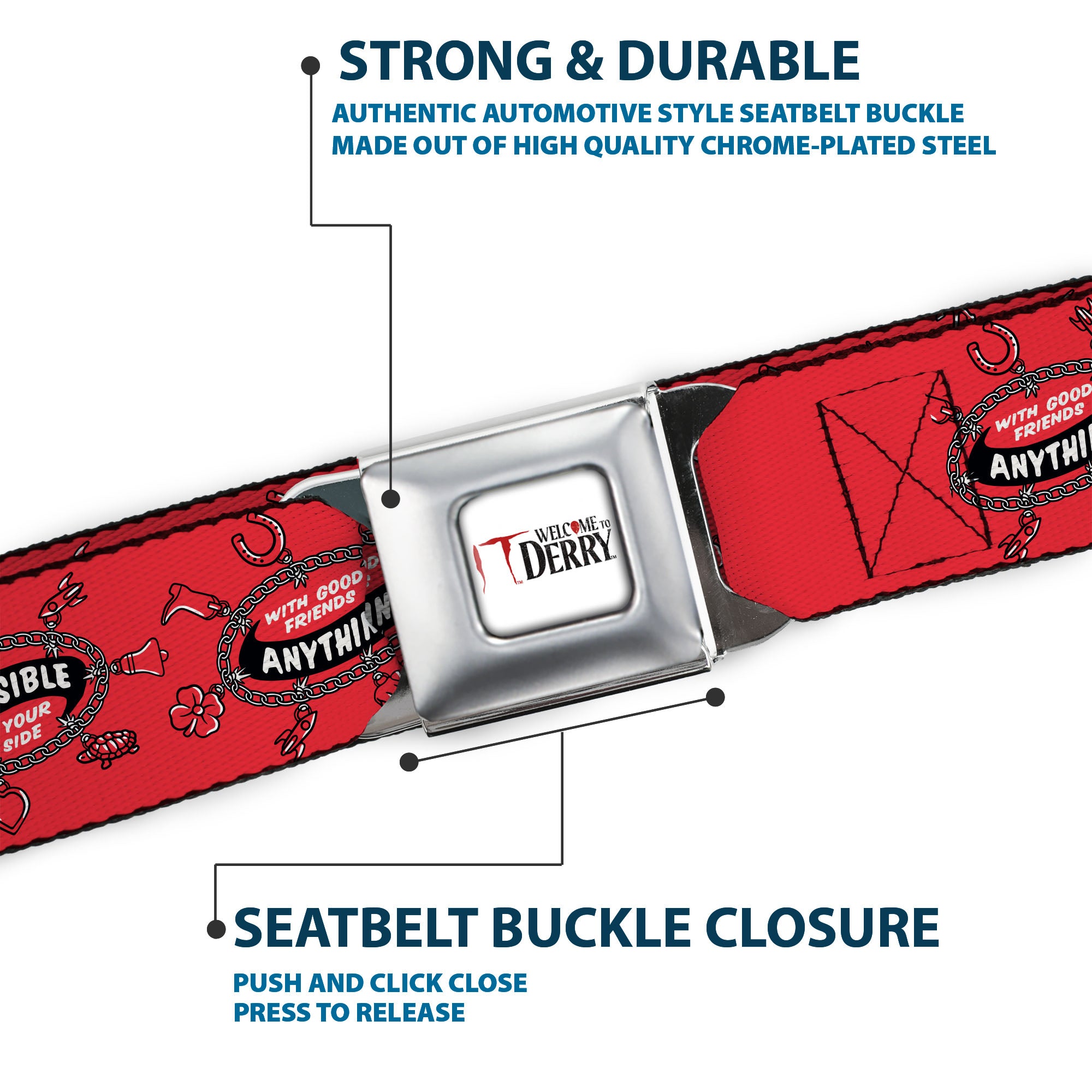 IT WELCOME TO DERRY Title Logo Full Color White Seatbelt Belt - IT Welcome to Derry ANYTHING IS POSSIBLE Charm Bracelet Red/Black/White Webbing Seatbelt Belts IT